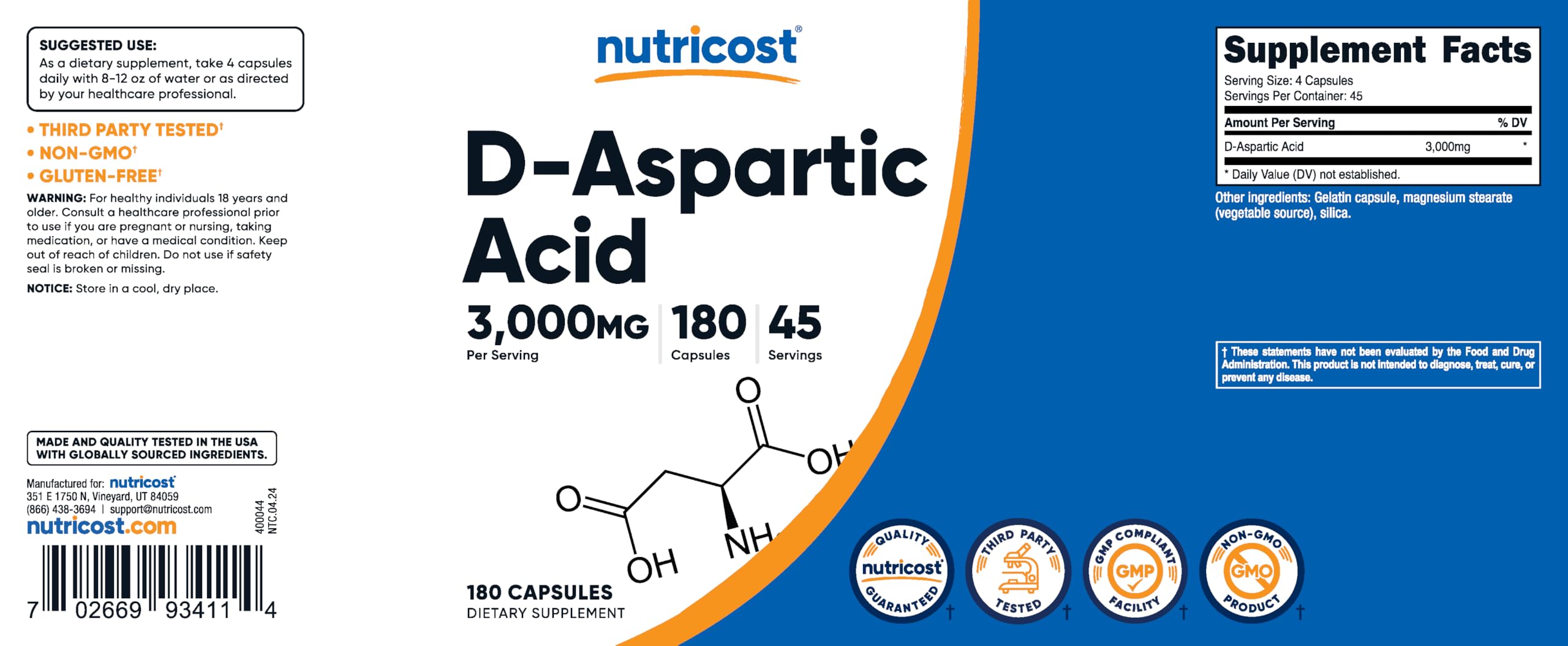Nutricost D-Aspartic Acid (DAA) Capsules 3000mg Per Serving (180 Capsules) - Non-GMO Nutricost buy supplements canada