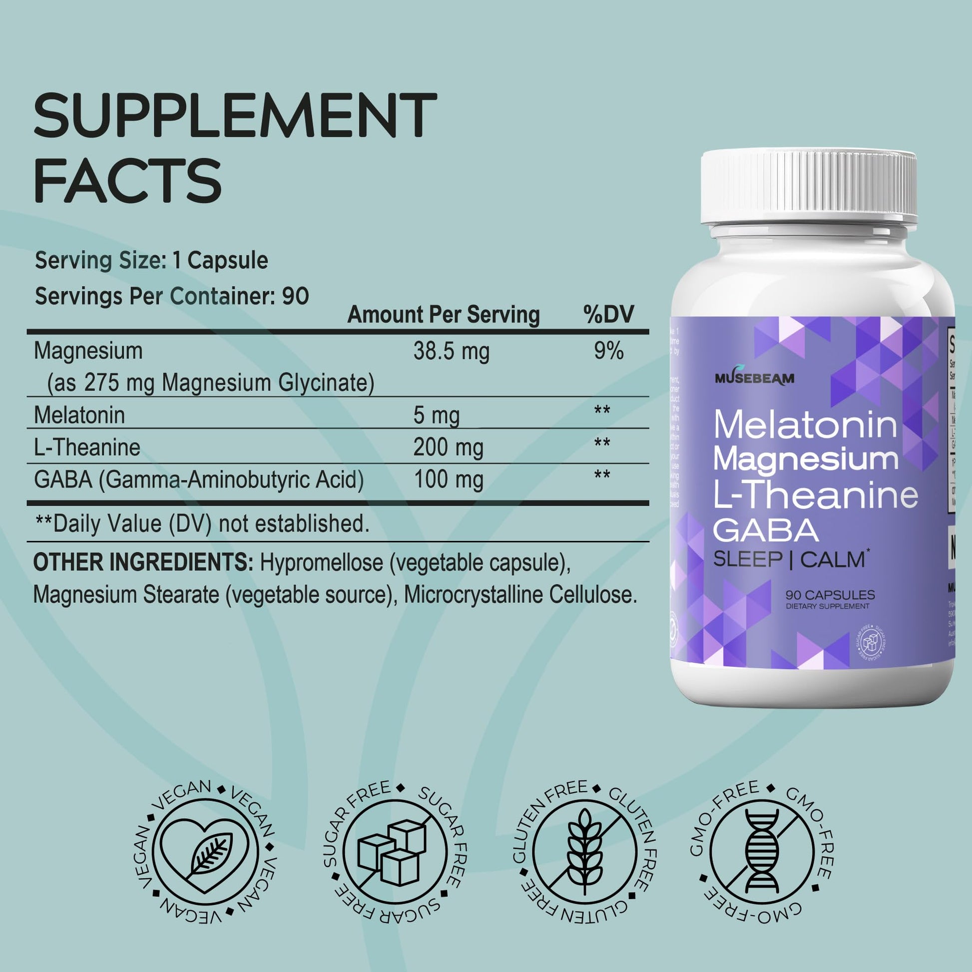 MuseBeam Magnesium Glycinate 275mg Melatonin 5mg L-Theanine 200mg GABA 100mg Capsules - Full Rest Nighttime Bedtime Support Supplement for Men Women - Vegan Sugar-Free Gluten-Free musebeam buy supplements canada