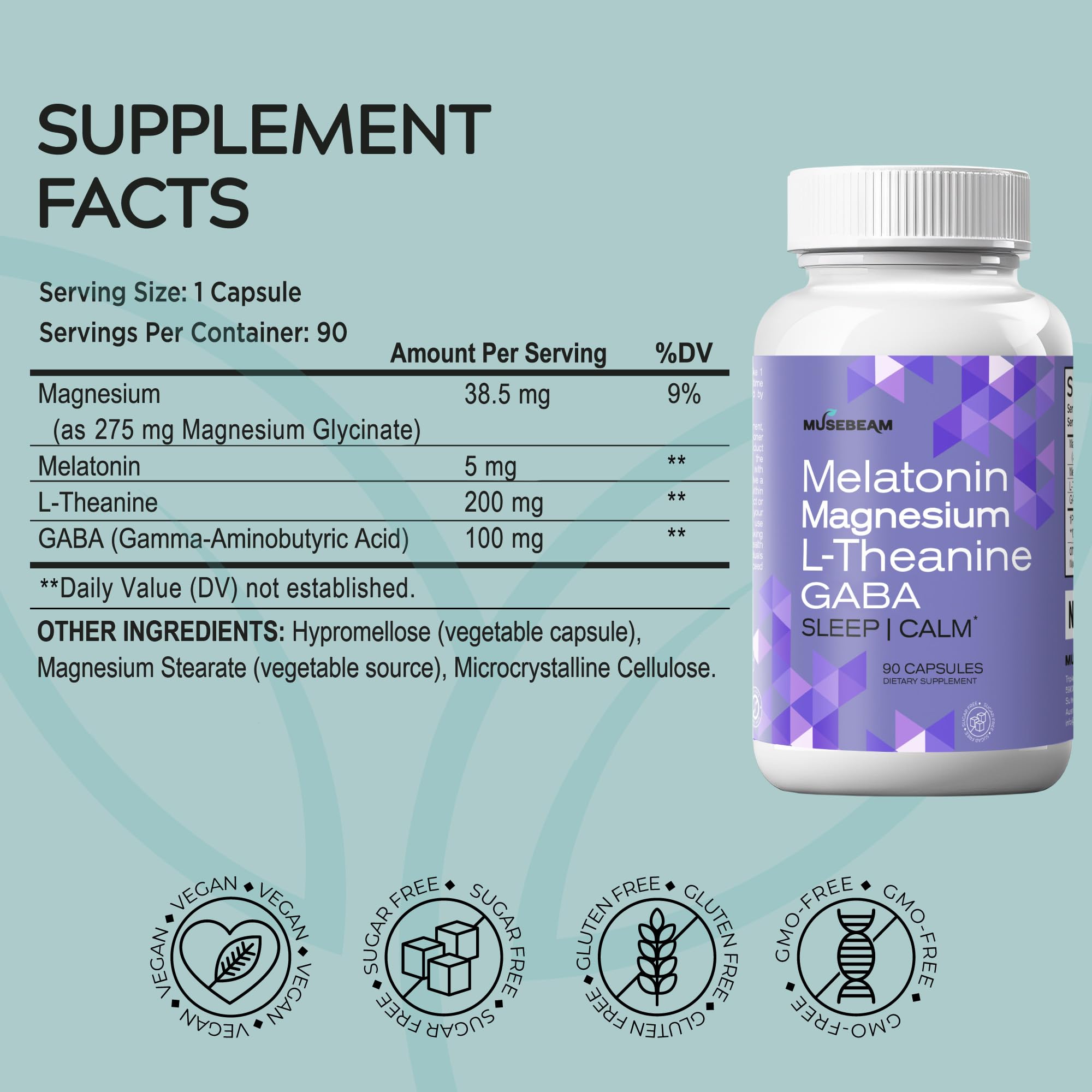 MuseBeam Magnesium Glycinate 275mg Melatonin 5mg L-Theanine 200mg GABA 100mg Capsules - Full Rest Nighttime Bedtime Support Supplement for Men Women - Vegan Sugar-Free Gluten-Free musebeam buy supplements canada