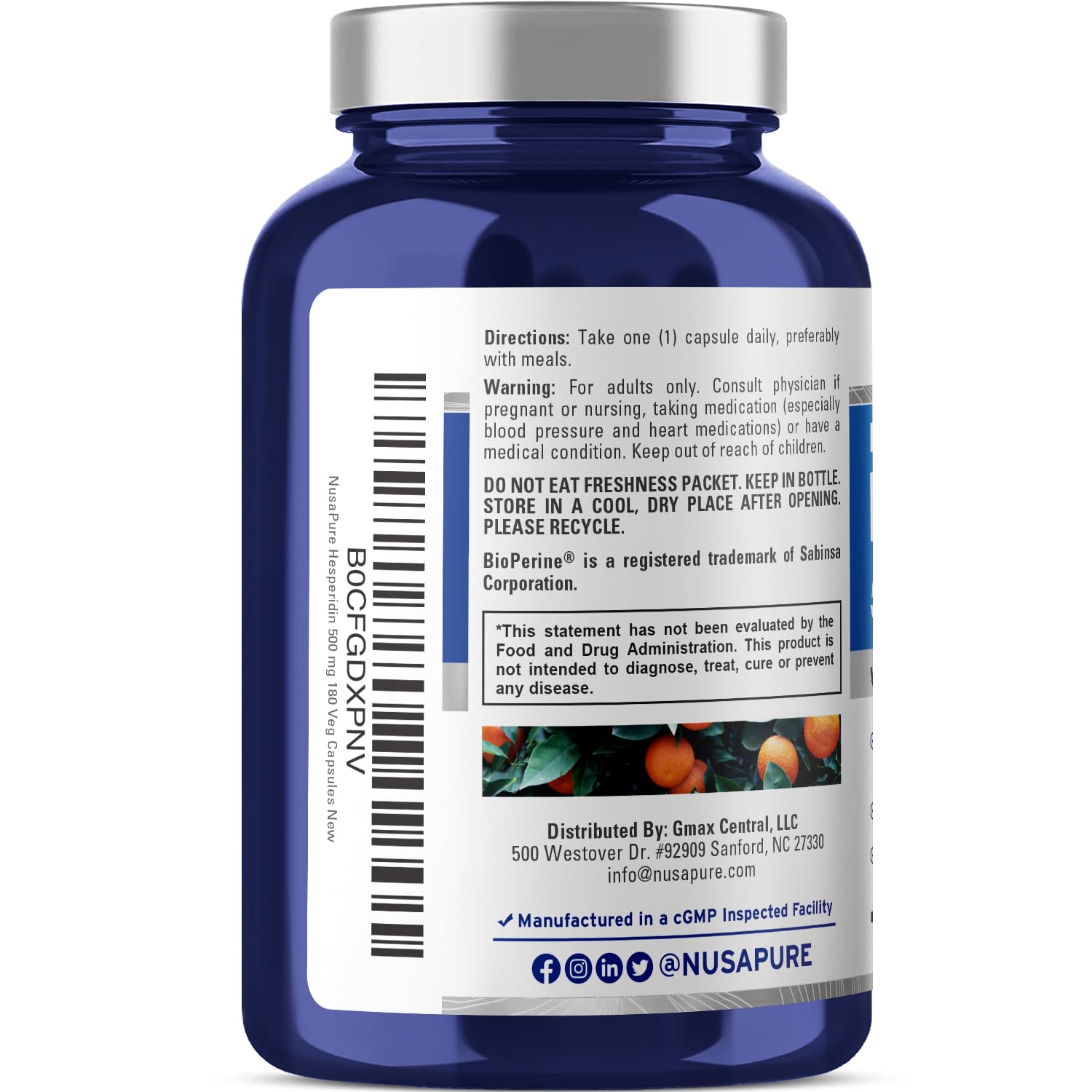 NusaPure Hesperidin 500 mg per Veggie Caps - 180 Capsules (BioPerine, High Absorption, Non-GMO) NusaPure buy supplements canada