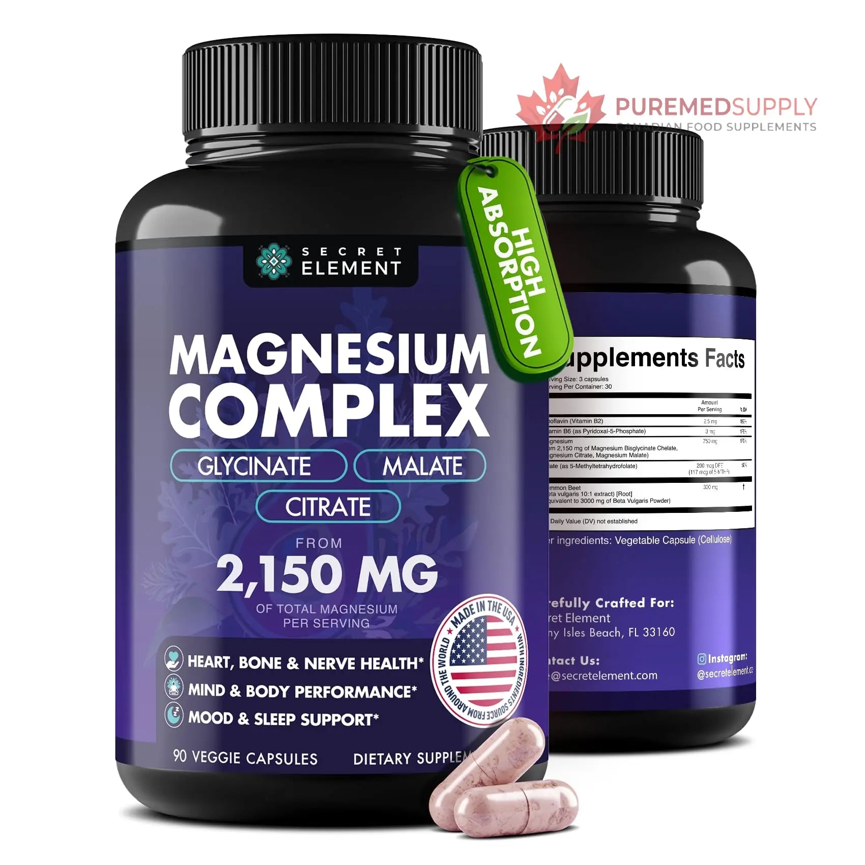 Magnesium Complex 2,150MG, High Absorption Capsules with Magnesium Glycinate, Citrate & Malate, Plus Vitamin B6, B2, Folate & Beet Root, Vegan, Non-GMO, No Artificial Additives, 90 Capsules Secret Element buy supplements canada