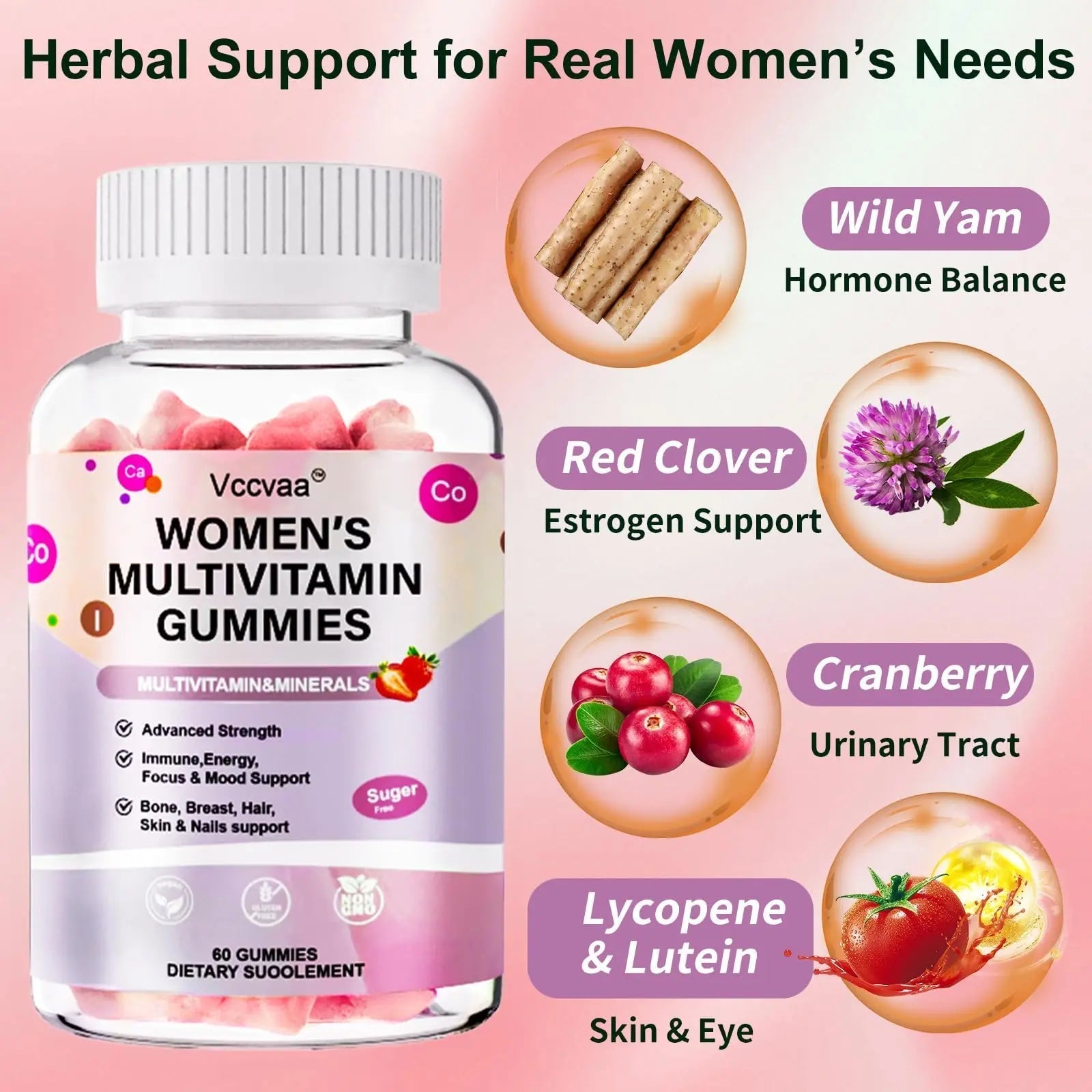 Vccvaa Sugar Free Multivitamin Gummies for Women 14+ with Iron, Inositol, Folate, Vitamins A C D3 E B12 K2, Herbal & Mineral Blend Vccvaa buy supplements canada