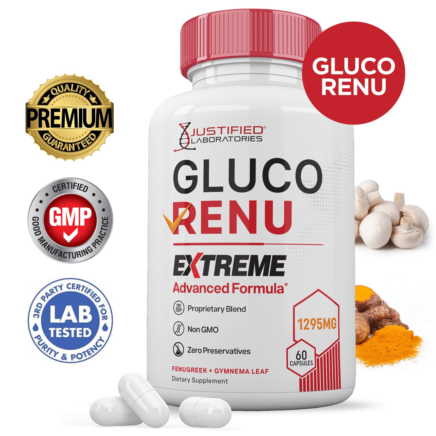 Gluco Renu Extreme 1295MG Glyco Support Pills Advacned Formula Gluo Renew Glycogen Support Formulated with Turmeric Berberine Resveratrol Garlic Bitter Melon Milk Thistle 60 Capsules Justified Laboratories buy supplements canada