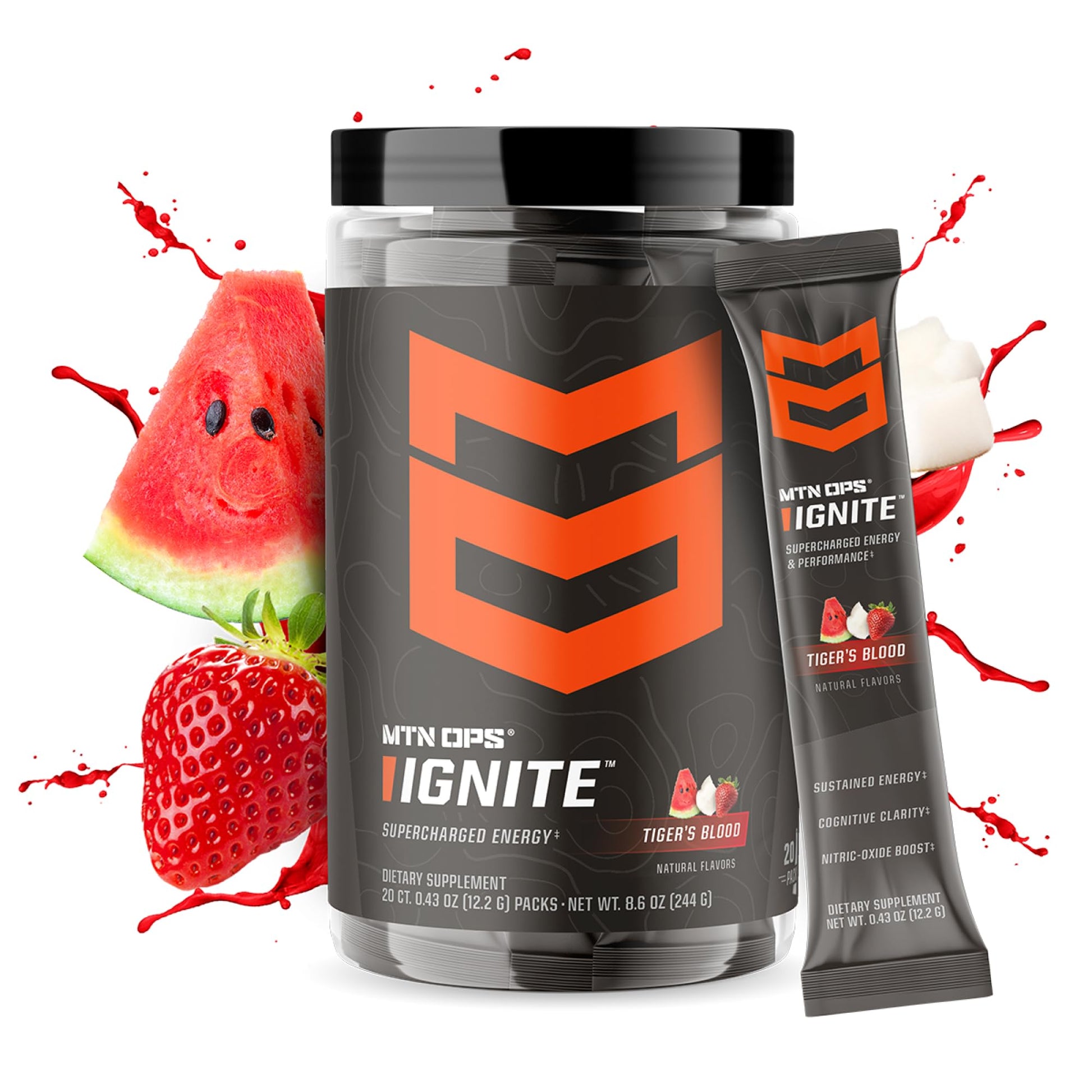 MTN OPS Ignite Trail Packs Energy Drink Powder, Gluten Free Nootropic Supplement Drink Mix, L Arginine, L Citrulline, Caffeine & Nootropic Sugar Free Drink Mix, 20 Servings, Tiger's Blood MTN OPS buy supplements canada