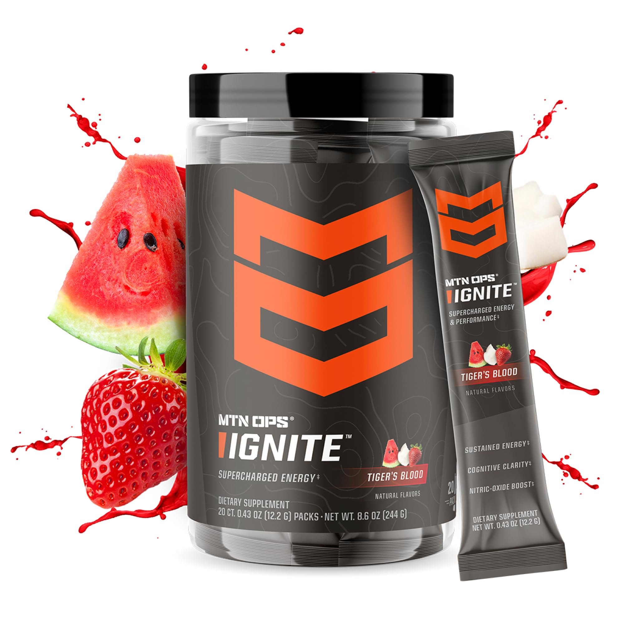 MTN OPS Ignite Trail Packs Energy Drink Powder, Gluten Free Nootropic Supplement Drink Mix, L Arginine, L Citrulline, Caffeine & Nootropic Sugar Free Drink Mix, 20 Servings, Tiger's Blood MTN OPS buy supplements canada
