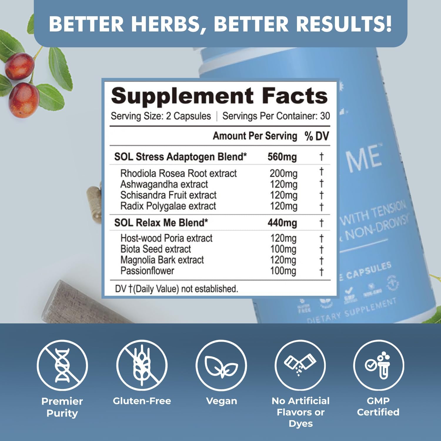 Sol Nutrition Relax Me - Natural Calming Relief for Stress, Tension, & Worry - 15x More Effective - Support Mood, Relax the Mind & Body - Supplements for Adults - Non-Drowsy - 60 Vegetarian Capsules Sol Nutrition buy supplements canada