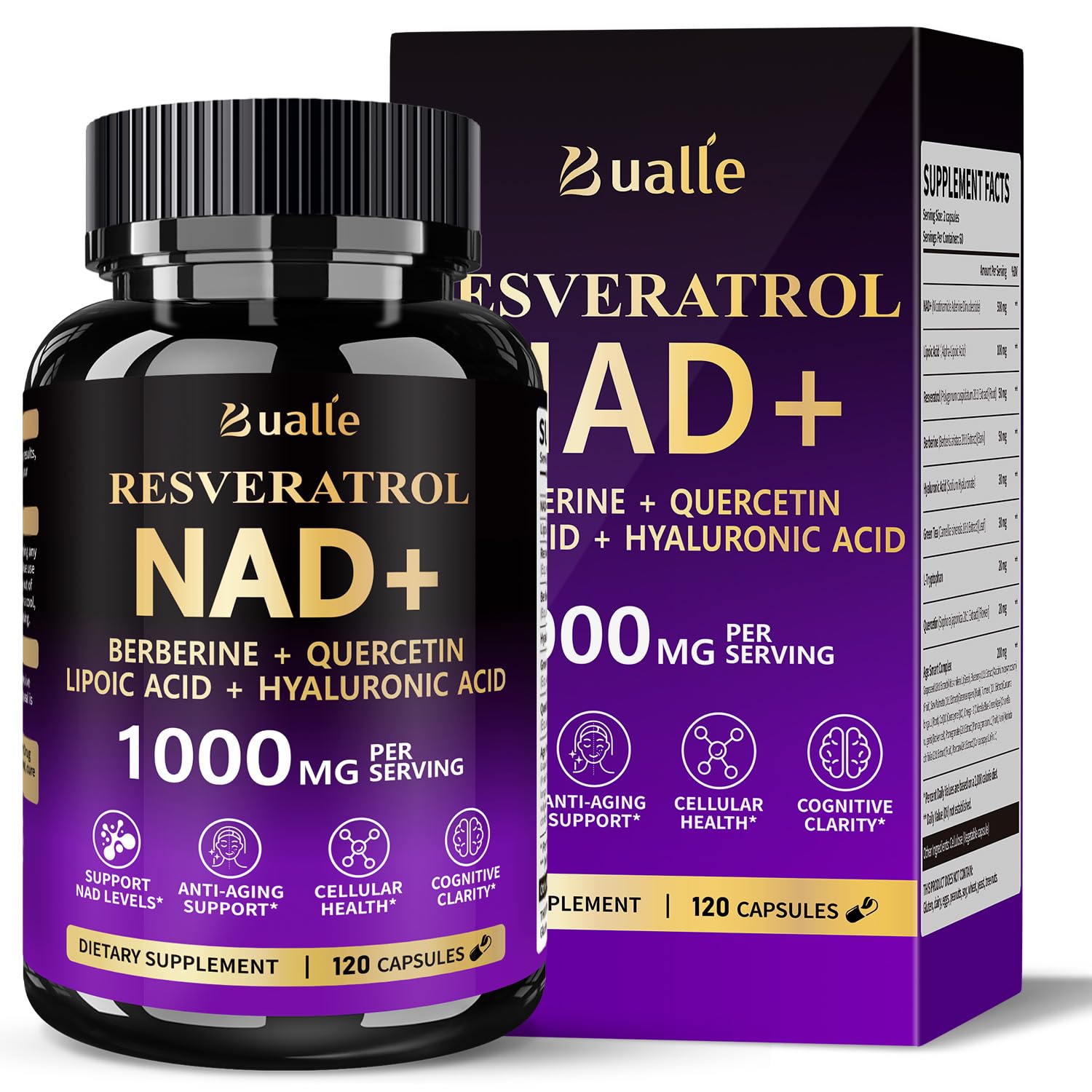 Bualle NAD Supplement, Liposomal NAD Resveratrol Supplement Contains Berberine, Alpha Lipoic Acid,Hyaluronic Acid & Quercetin - Joint Function& Support Anti-Aging,NMN Alternative -120 Capsules Bualle buy supplements canada