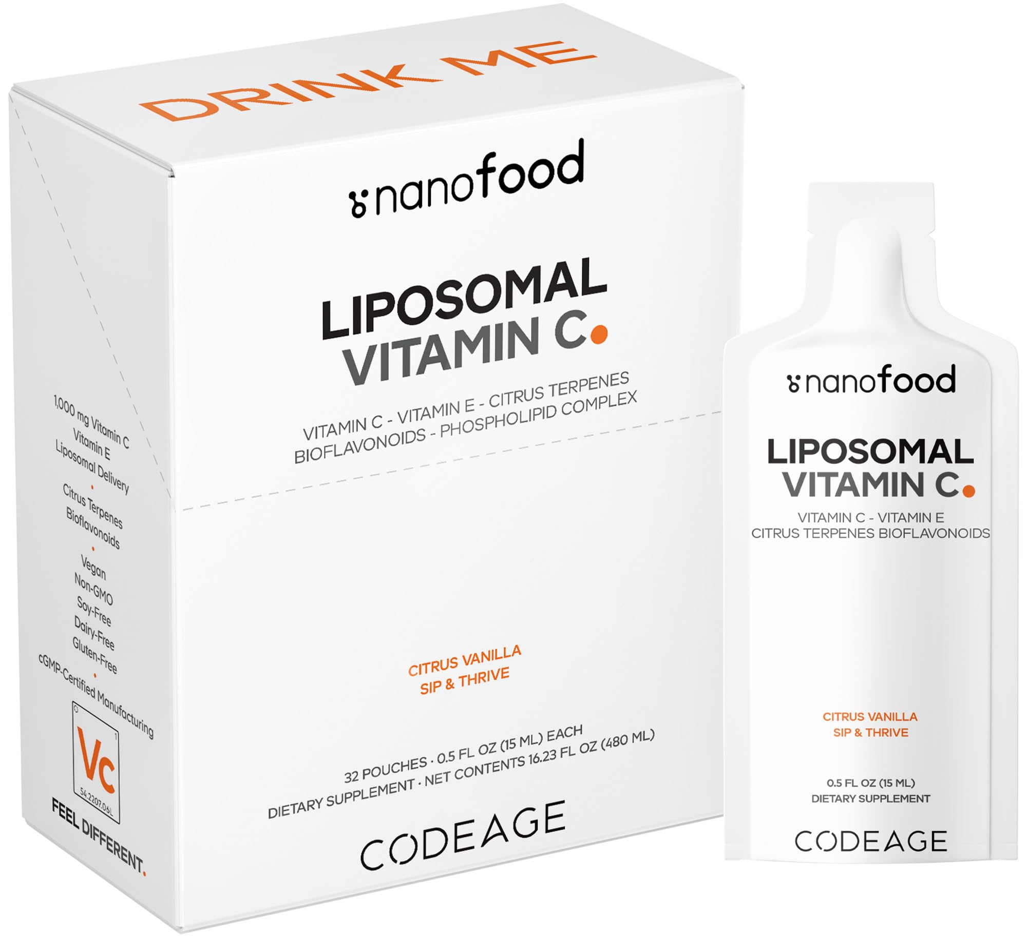 Codeage Liposomal Vitamin C Liquid 1000mg Vitamin C, 4000mg Essential Phospholipids, Supplement For Daily Immune Support, Liposomes For Absorption, Citrus Bioflavonoids, Vitamin E, Non-GMO, 32 Pouches Codeage buy supplements canada