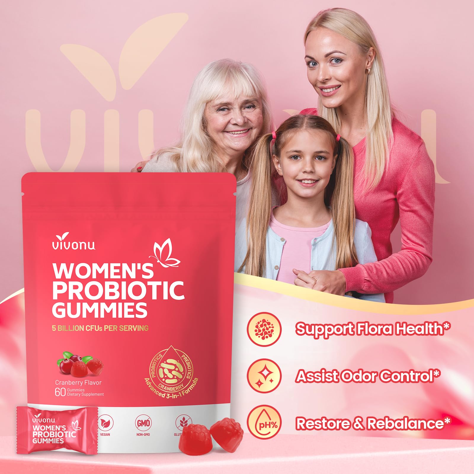 VivoNu Viginal Probiotics for Women, Women Probiotic Gummies, Feminine Balance Gummies, Prebiotic Gummy, Cranberry Probiotics for Woman Vaginigal Health, Yeast Ph Balance| 60 Gummies VivoNu buy supplements canada