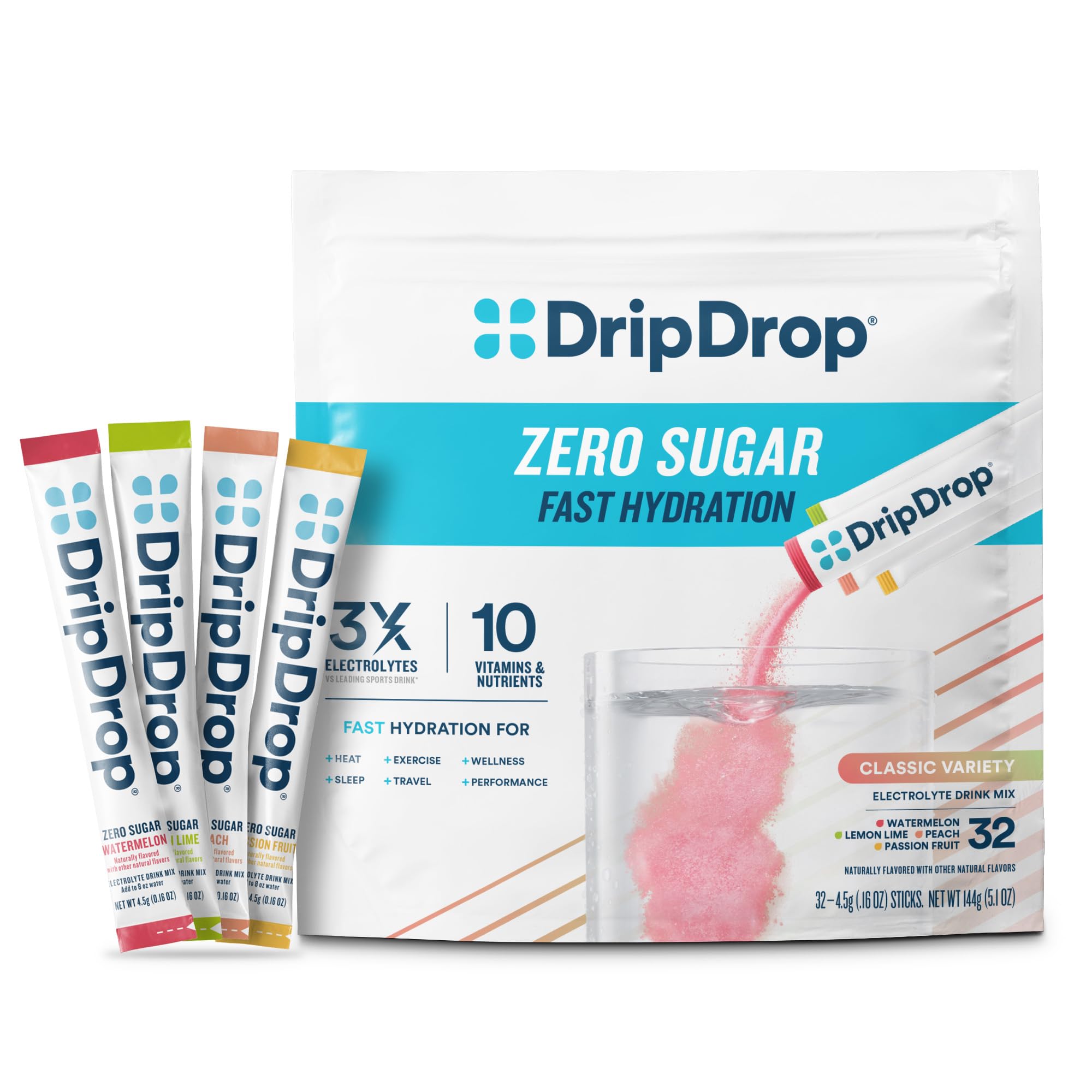 DripDrop Sugar Free Hydration Packets - Zero Classic Variety Pack - Single Serve Electrolytes Powder Drink Mix - Lemon Lime, Watermelon, Peach, Passion Fruit DripDrop buy supplements canada