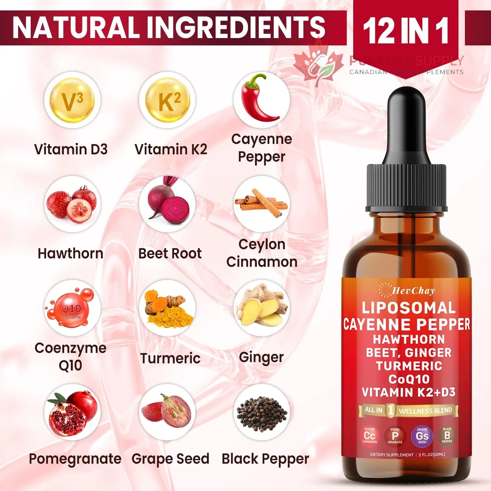 Cayenne Pepper Drops Liposomal Supplement Liquid + Hawthorn Berry, Vitamin D3 K2 Beet Root Powder, Ceylon Cinnamon, CoQ10, Turmeric Curcumin, Cayenne Pepper Extract - 2oz HevChay buy supplements canada