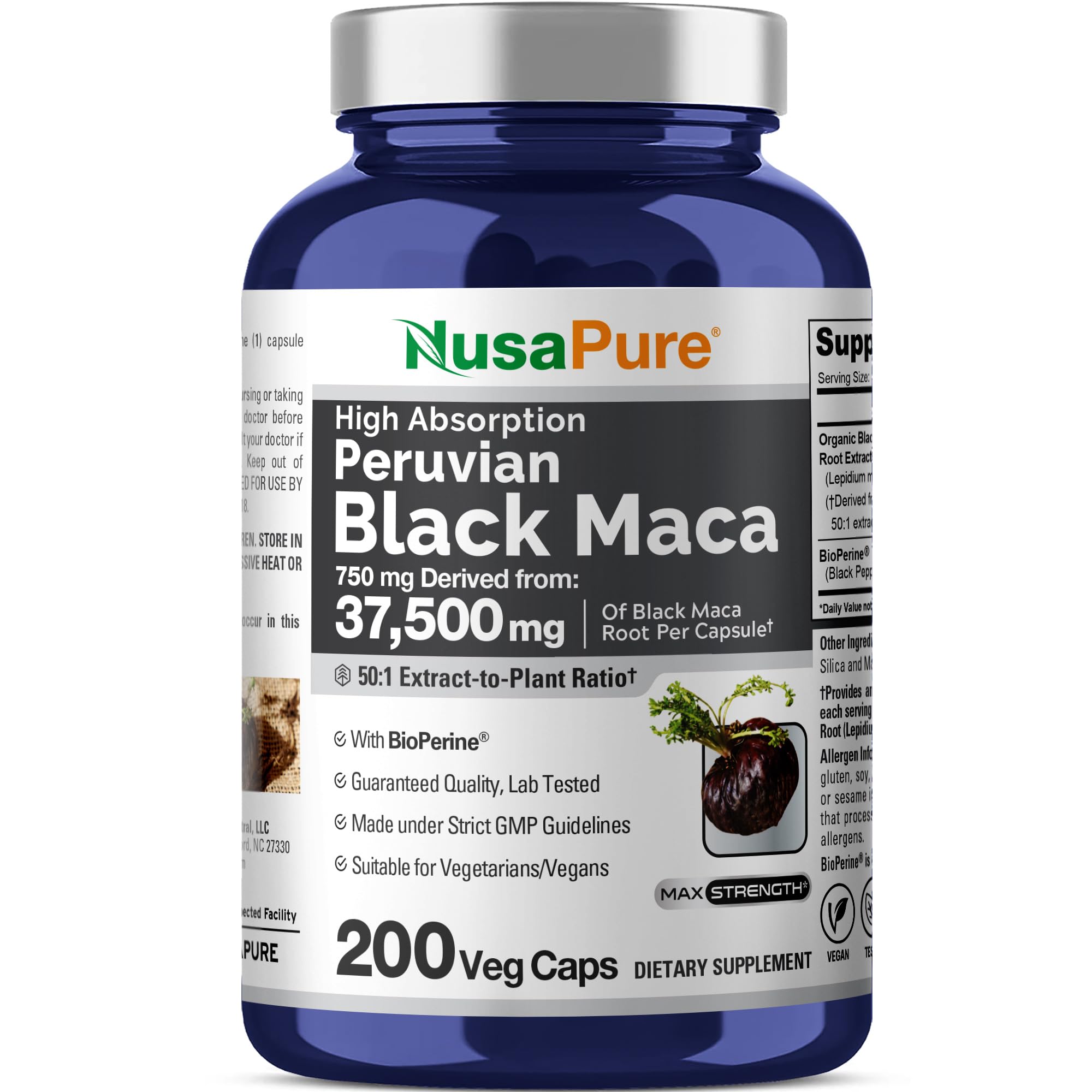 NusaPure Peruvian Black Maca Root Extract 50:1 - Suitable for Vegetarian/Vegan, Non - GMO - 37500 mg - 200 Capsules NusaPure buy supplements canada
