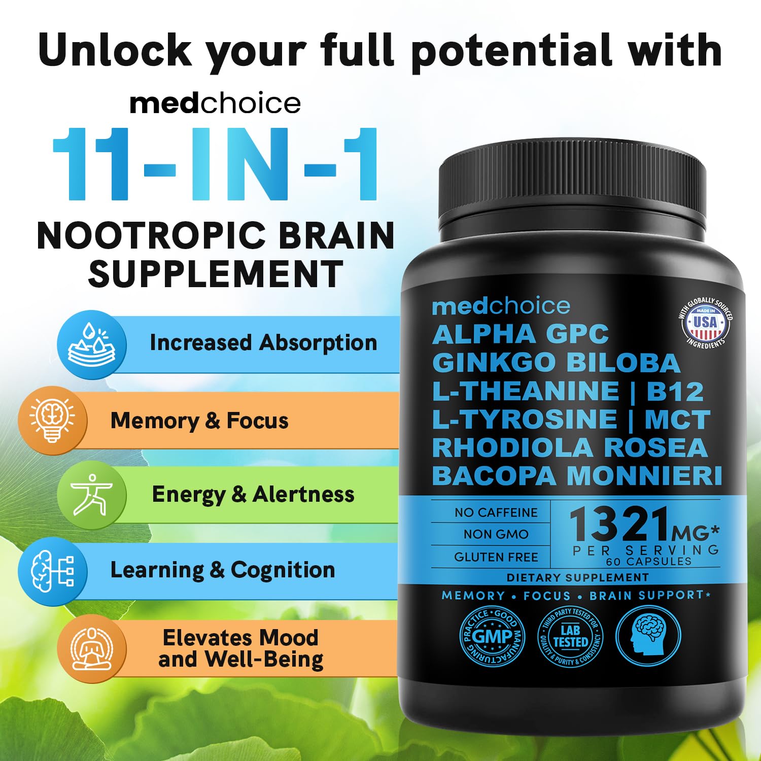 12-in-1 Nootropic Brain Supplement Anhydrous: Ginkgo Biloba for Brain Support, Memory and Focus - B12, Alpha GPC, L Theanine and Choline Supplements with Bioperine Non Caffeinated 1321mg (60ct) MEDCHOICE buy supplements canada