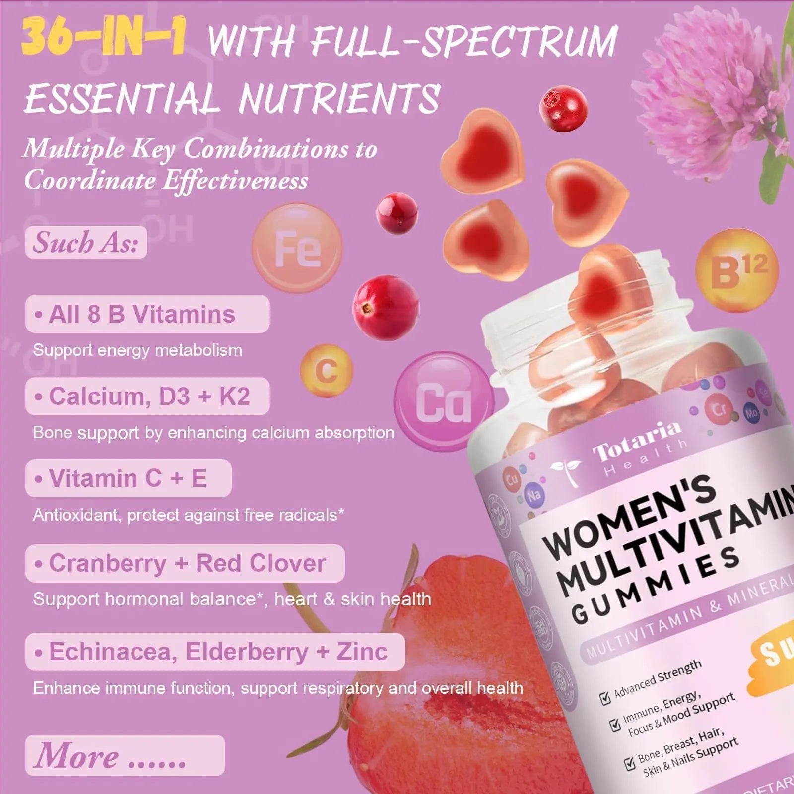 Totaria Sugar Free Multivitamin Gummies for Women 14+ w/Iron, Inositol, Folate, Biotin, Womens Daily Multivitamin Gummy w/Vitamin A, C, B, D3, K2 Totaria buy supplements canada