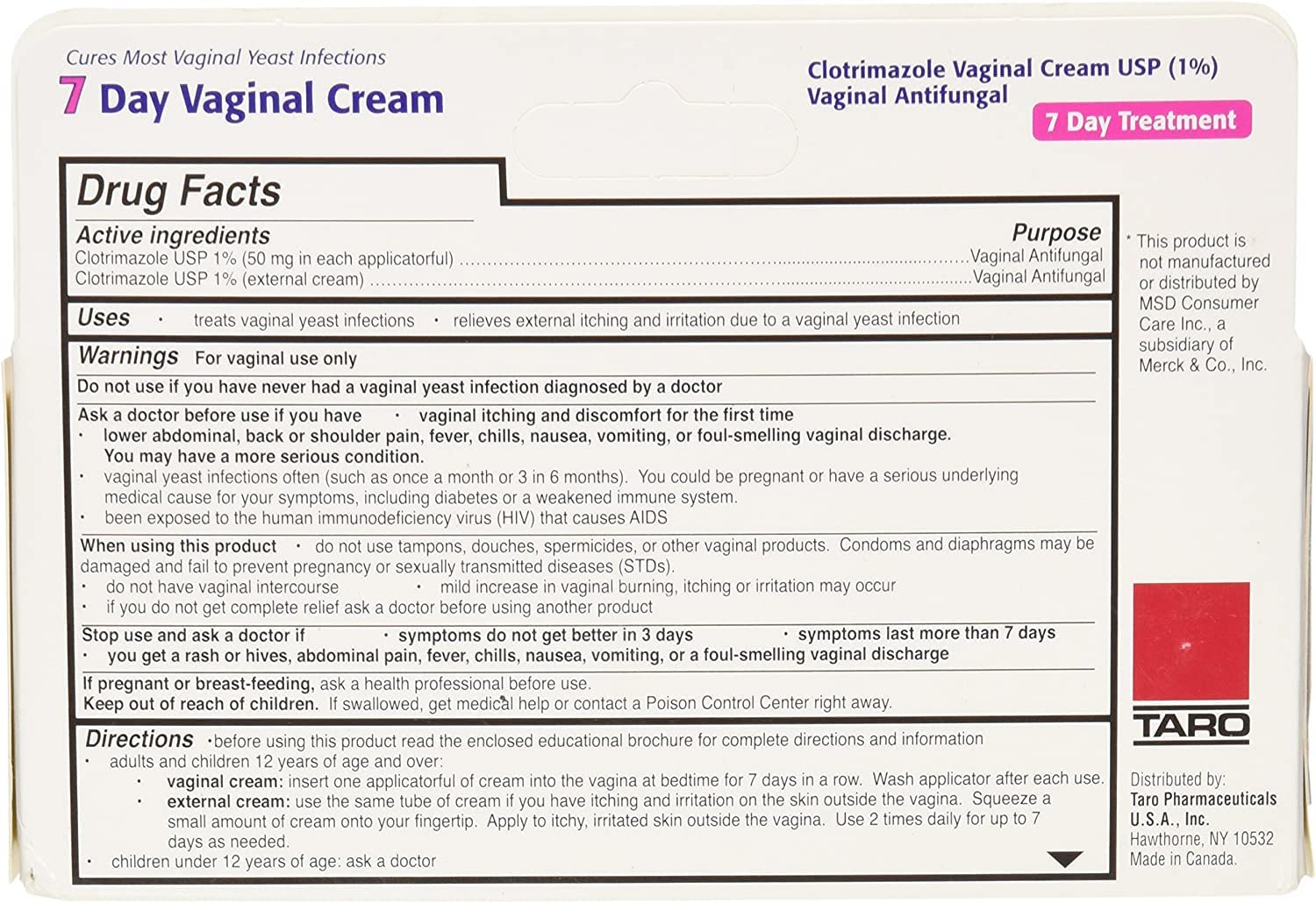 Taro Clotrimazole 7 Vaginal Cream 45 g (Pack of 8) TARO buy supplements canada
