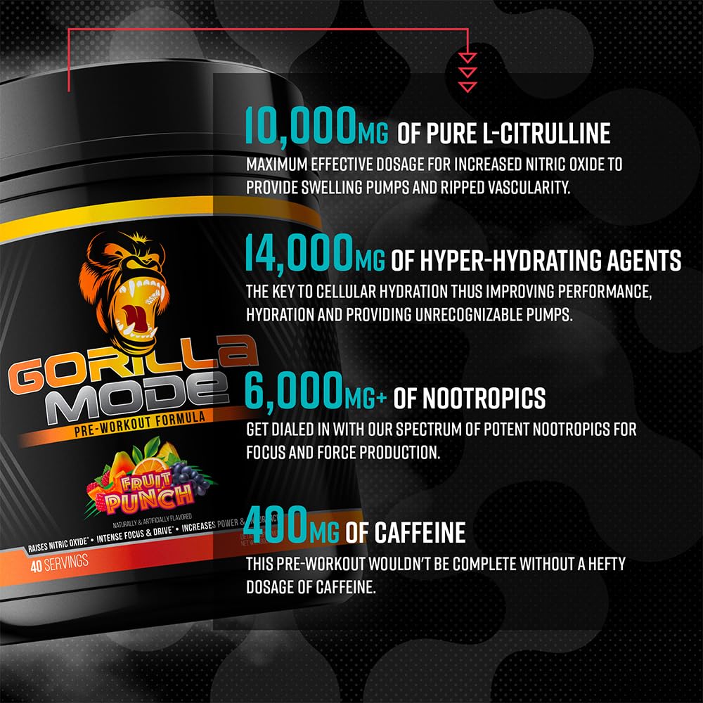 Gorilla Mode Pre Workout - Massive Pumps · Laser Focus · Energy · Power - L-Citrulline, Creatine, L-Tyrosine, Betaine, Hydroprime®, Alpha-GPC, 400mg Caffeine, Huperzine A - 792g (Rocket Frost) Gorilla Mind buy supplements canada