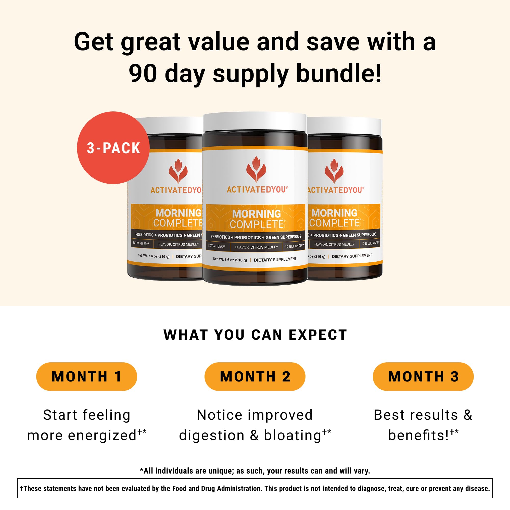 ACTIVATEDYOU Morning Complete Daily Wellness Greens Superfood Drink Mix for Gut Health w/Prebiotics, Probiotics, Antioxidants, Green Superfoods, 10 Billion CFUs (3 Pack, Citrus Medley) ACTIVATEDYOU buy supplements canada
