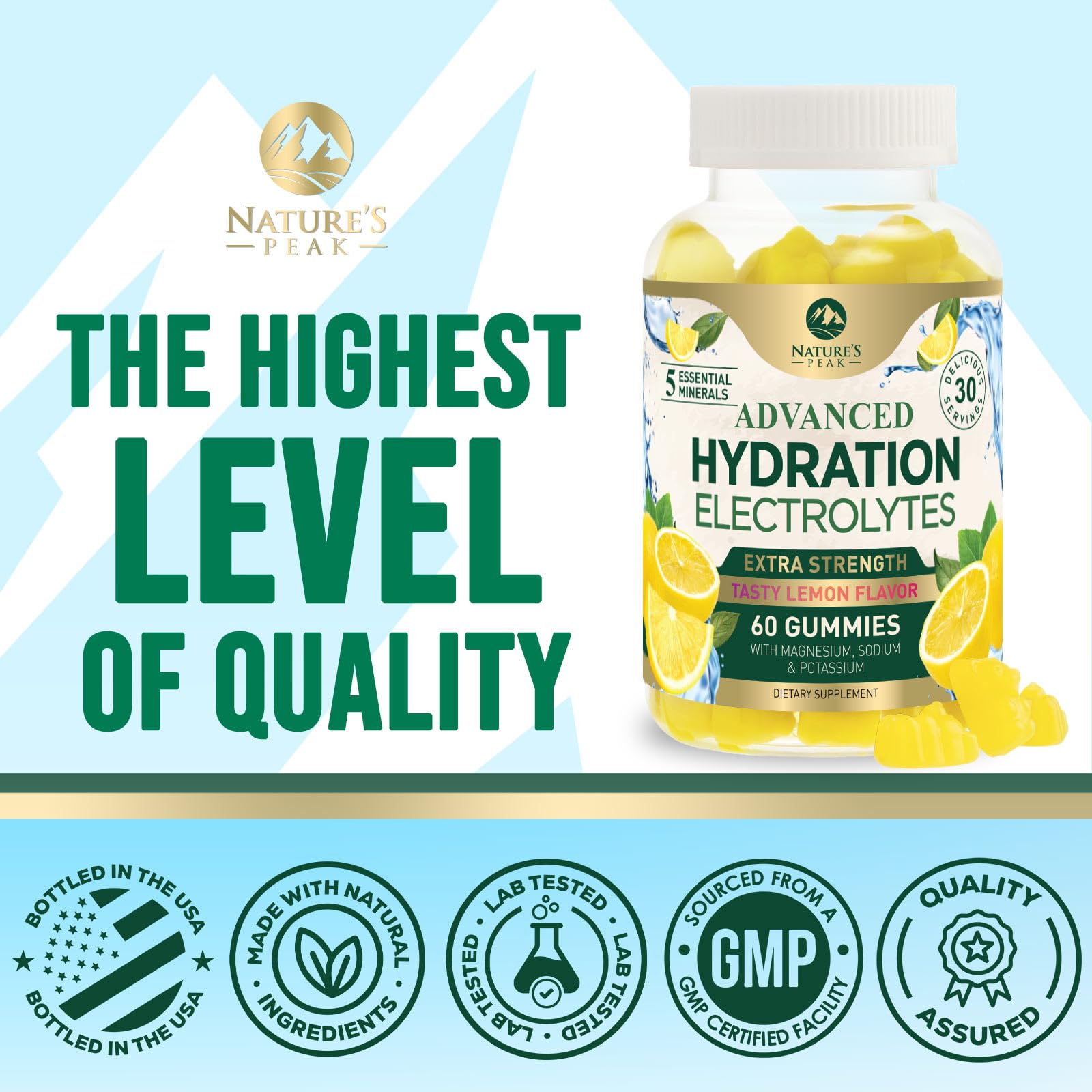 Hydration Electrolyte Gummies - Daily Liquid Replenisher Gummy - Electrolyte Multiplier with Minerals, Potassium & Real Salt - Vegan, Non-GMO - Tasty Lemon Flavor Hydration Electrolytes - 60 Gummies Nature's Peak buy supplements canada