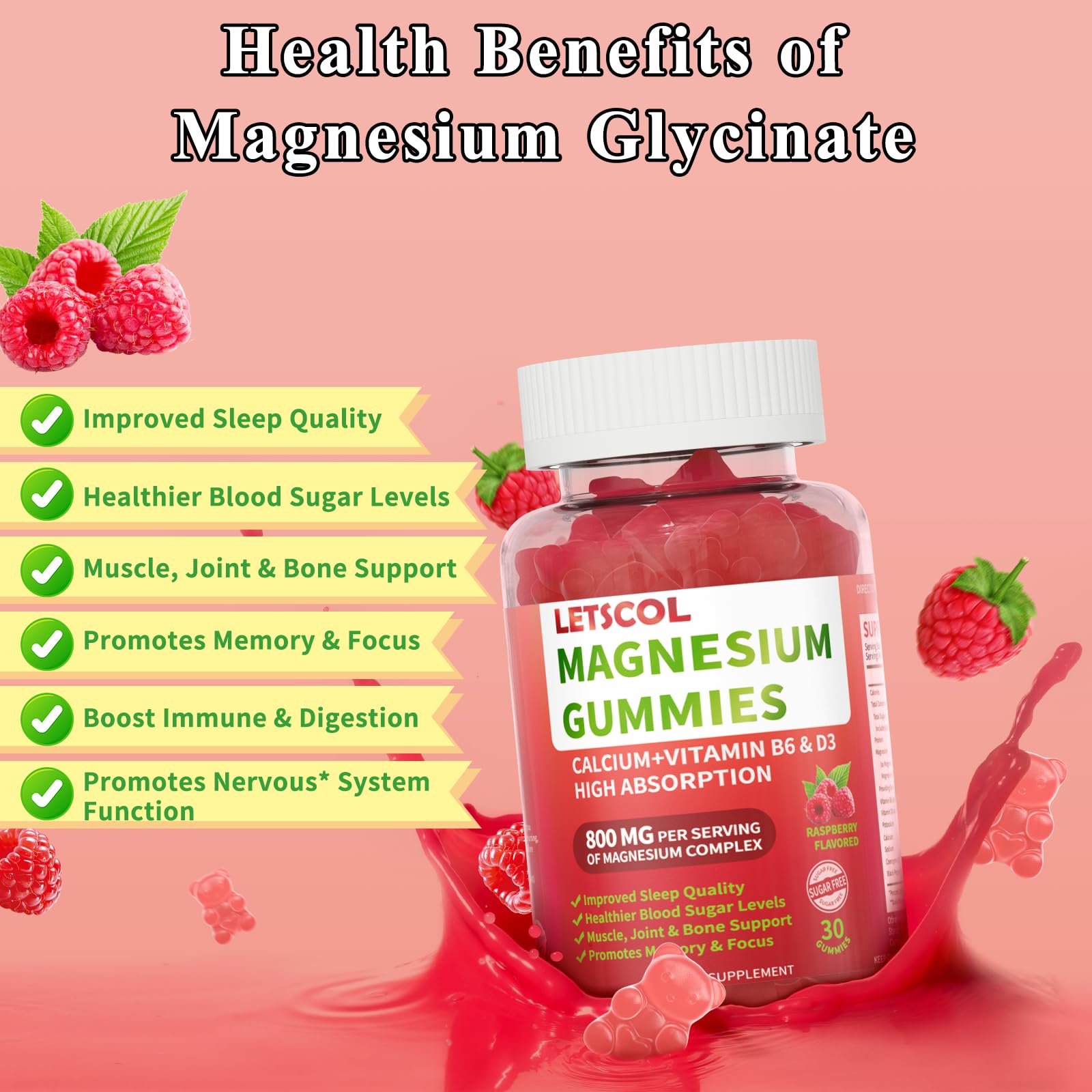 LETSCOL Magnesium Glycinate Gummies 800mg Per Serving, Sugar Free Magnesium Supplement with Magnesium Malate, Calcium, Vitamin D3, B6, CoQ10 for Calm Support & Zzz for Adults Kids LETSCOL buy supplements canada