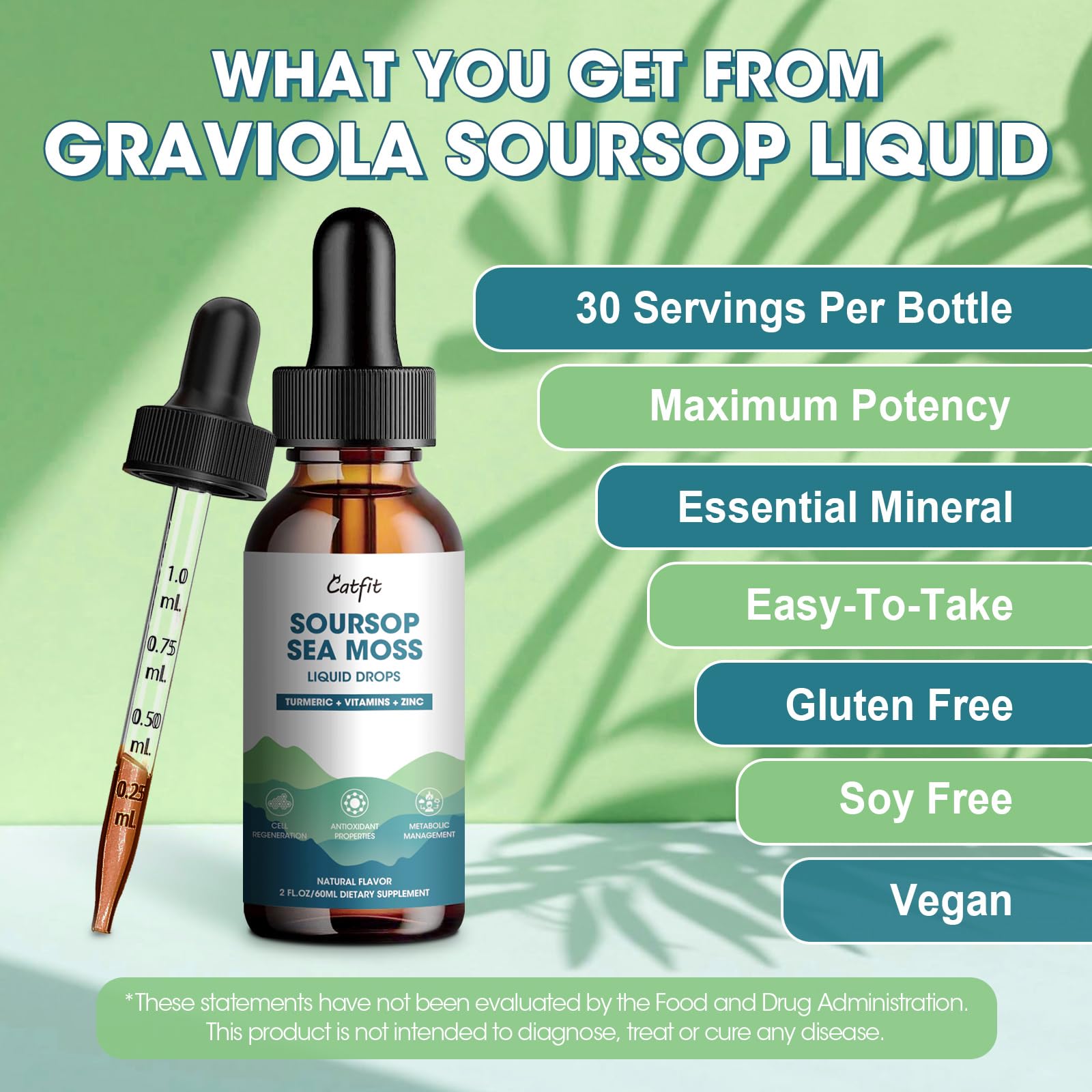 Catfit Soursop Graviola Liquid Drop – Soursop Drops for Cell Support, Antioxidant, Relaxation & Immune Boost with Sea Moss, Turmeric, Black Pepper, B6 C, Zinc, Sugar Free, Gluten Free, Vegan, 2 Fl Oz Catfit buy supplements canada