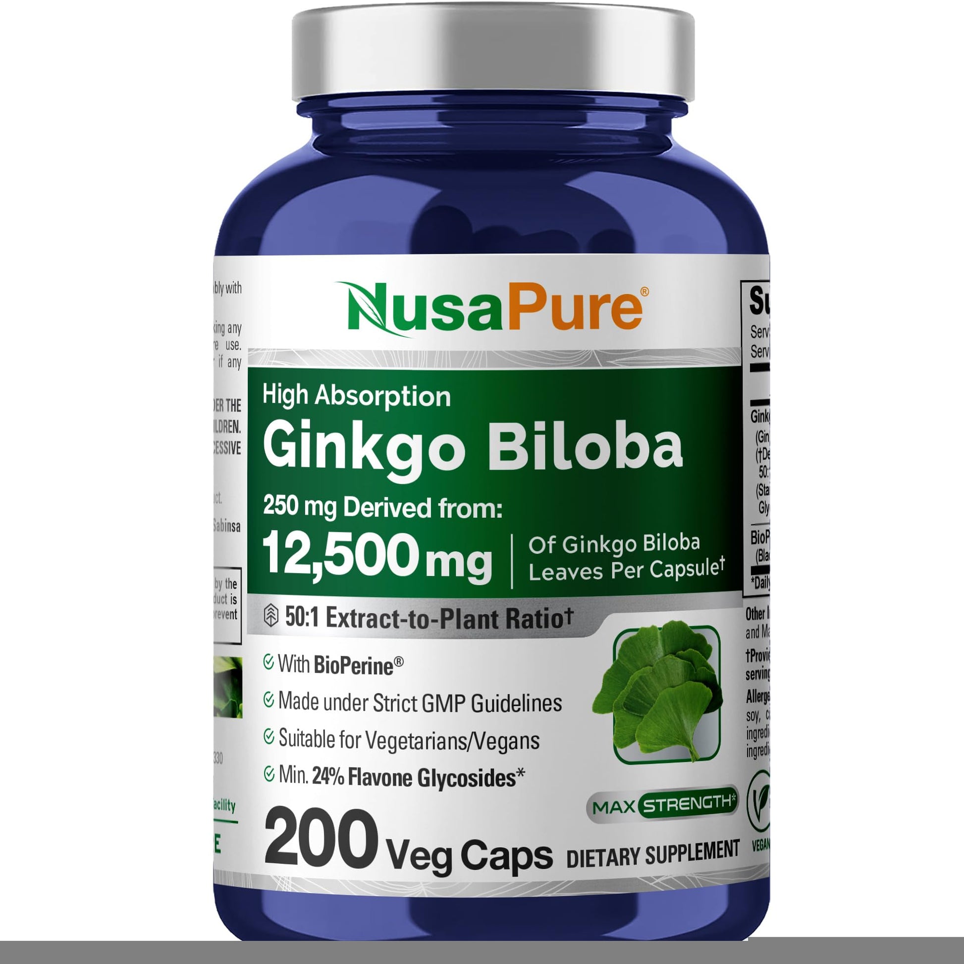 NusaPure Ginkgo Biloba 50:1 Extract, 250 mg Equivalent to 12,500 mg per Veggie Caps 200 Capsules (Vegetarian, Non-GMO, Vegan) Bioperine NusaPure buy supplements canada