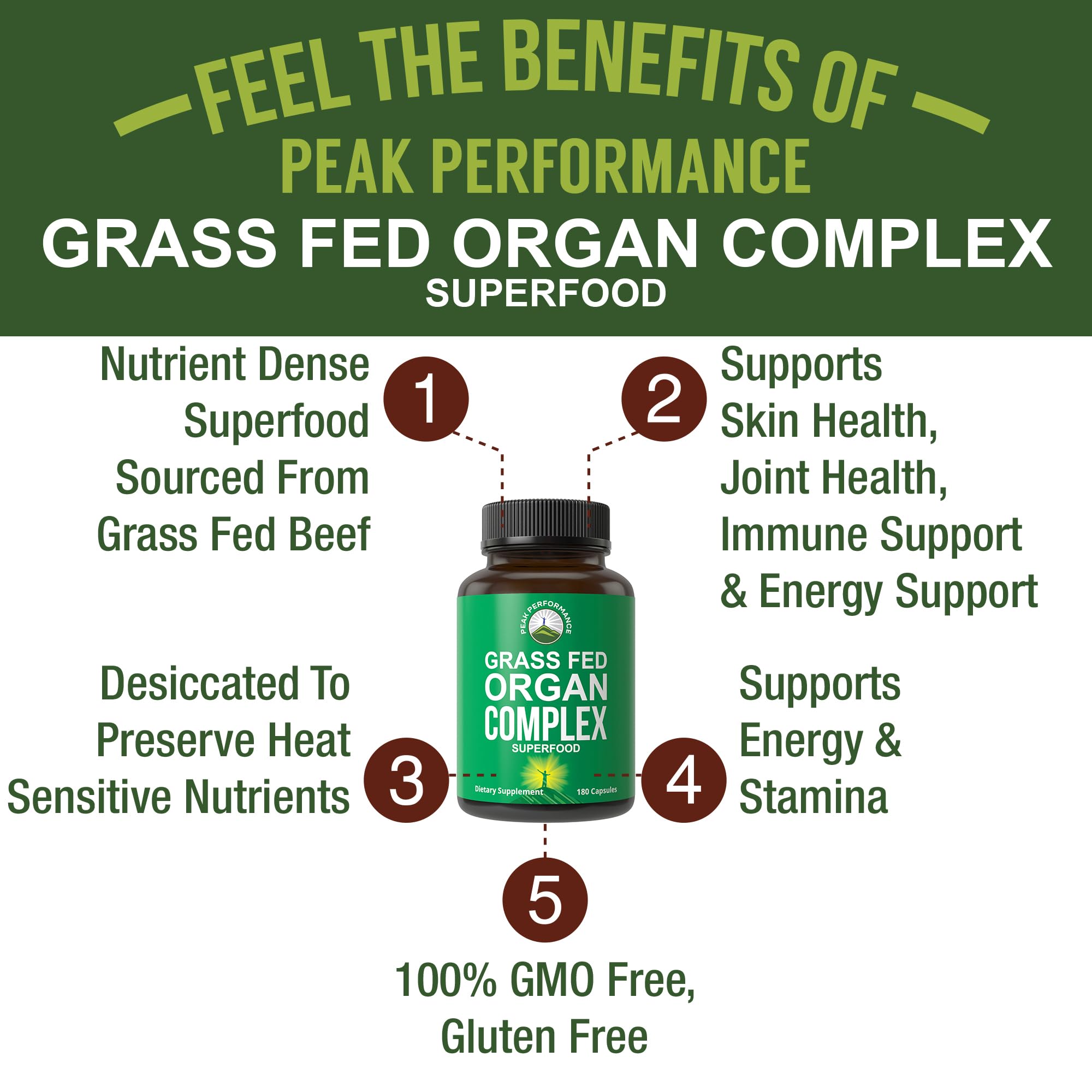 Peak Performance Grass Fed Beef Organ Complex from New Zealand (180 Capsules) Desiccated Organs Superfood Pills. GrassFed Beef Liver Capsules with Heart, Kidney, Pancreas, Spleen. Supplement Peak Performance buy supplements canada