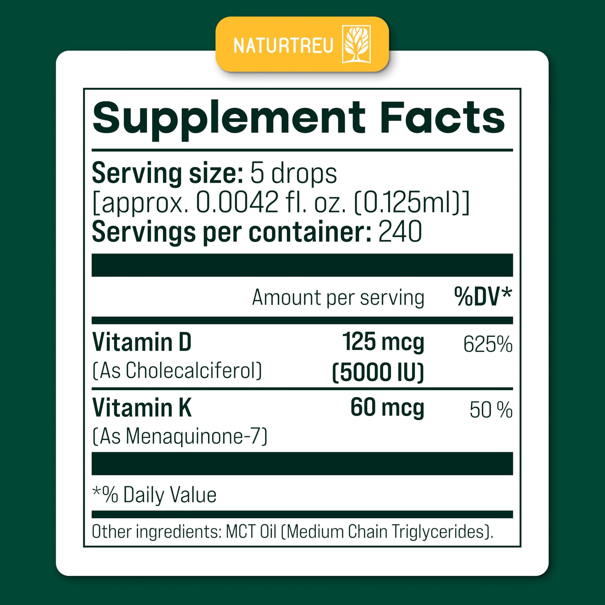 NATURTREU Vegan Vitamin D3 K2 Liquid Drops with MCT Oil for Adults (240 Servings) - Liquid Vitamin D K2 MK7 - All Natural, Non-GMO & Dr Formulated with 3X More Absorption - Third-Party Tested NATURTREU buy supplements canada