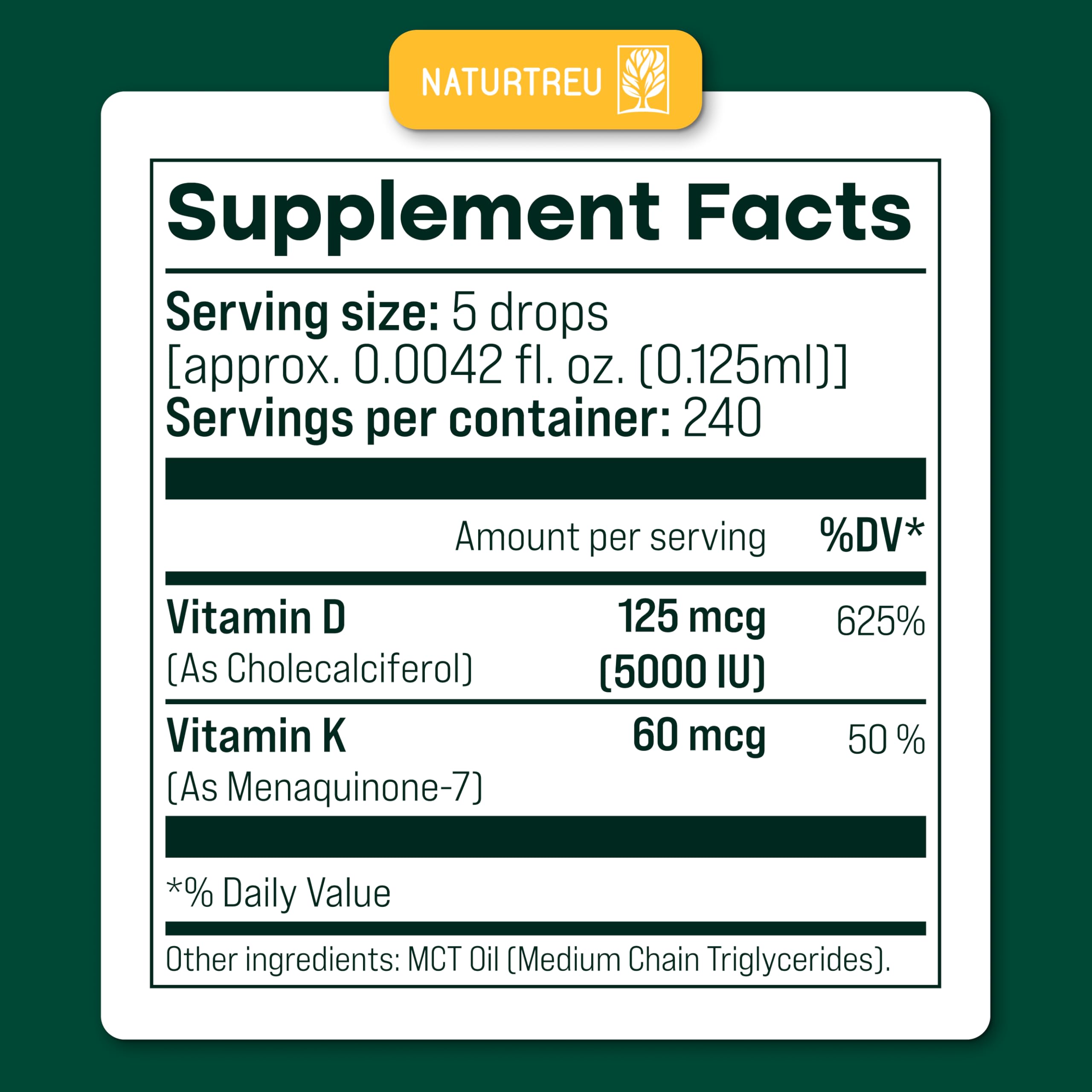 NATURTREU Vegan Vitamin D3 K2 Liquid Drops with MCT Oil for Adults (240 Servings) - Liquid Vitamin D K2 MK7 - All Natural, Non-GMO & Dr Formulated with 3X More Absorption - Third-Party Tested NATURTREU buy supplements canada