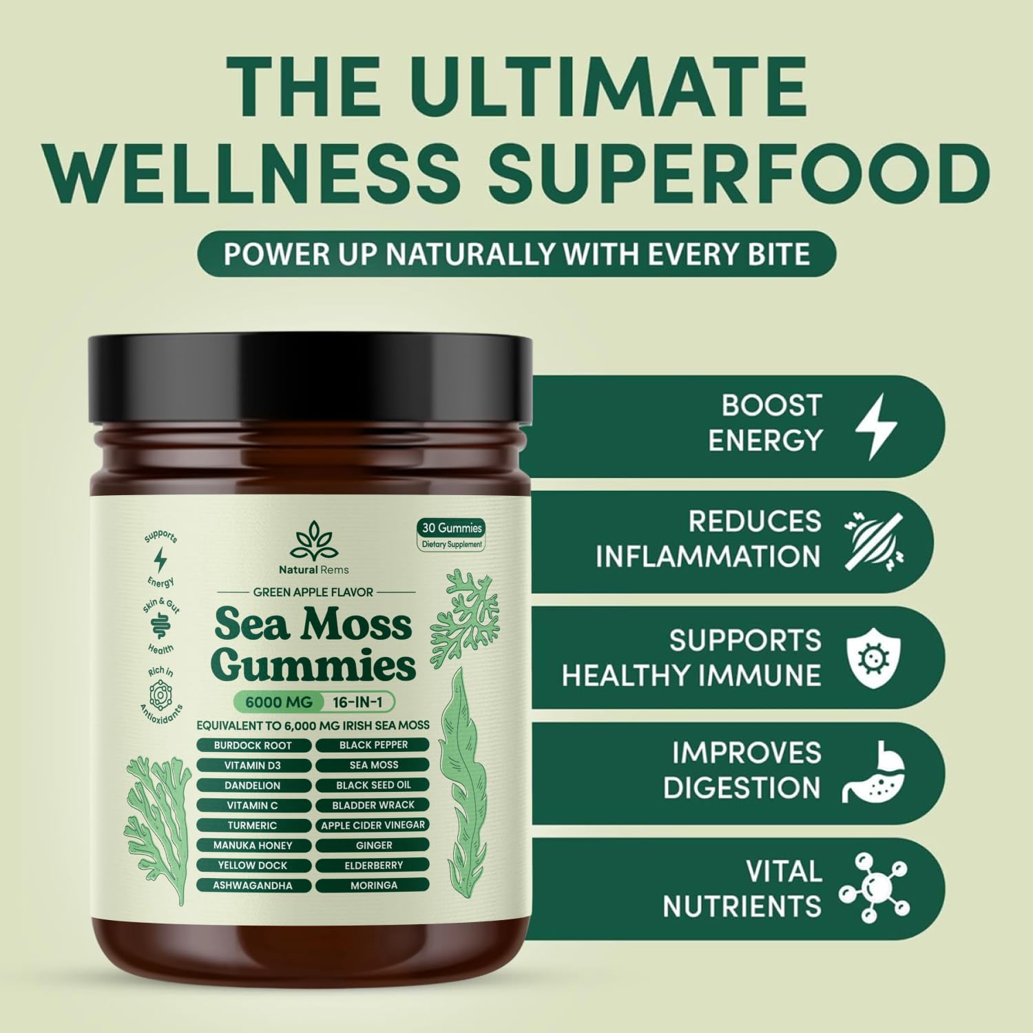 Natural Rems Sea Moss Gummies 16-in-1 - Ashwagandha Black Seed Oil Bladder Wrack Turmeric Vitamin C & D3 with Manuka Burdock Root Dandelion Yellow Natural Rems buy supplements canada