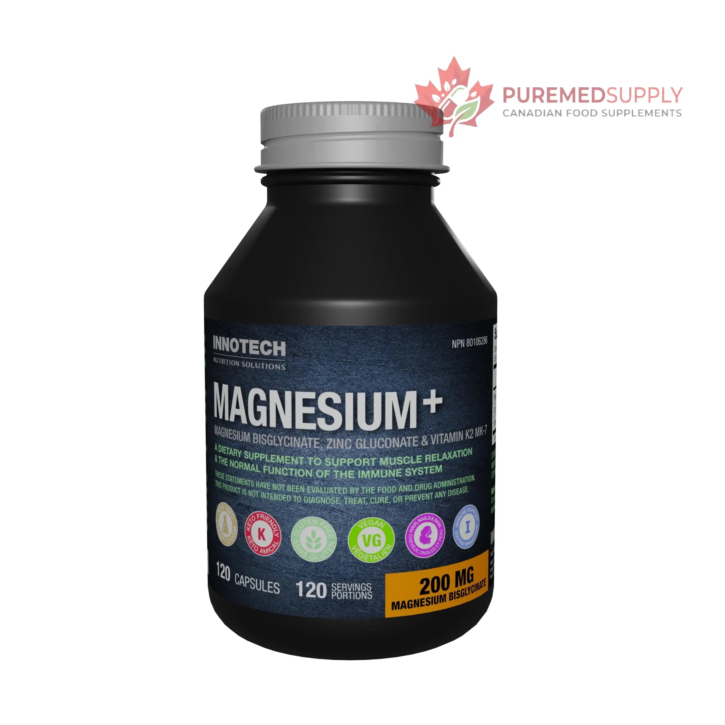 Innotech Nutrition Magnesium Plus Muscle Bone & Sleep Support Magnesium Bisglycinate Zinc & Vitamin K2 120 Vegan Capsules Innotech Nutrition Solutions buy supplements canada