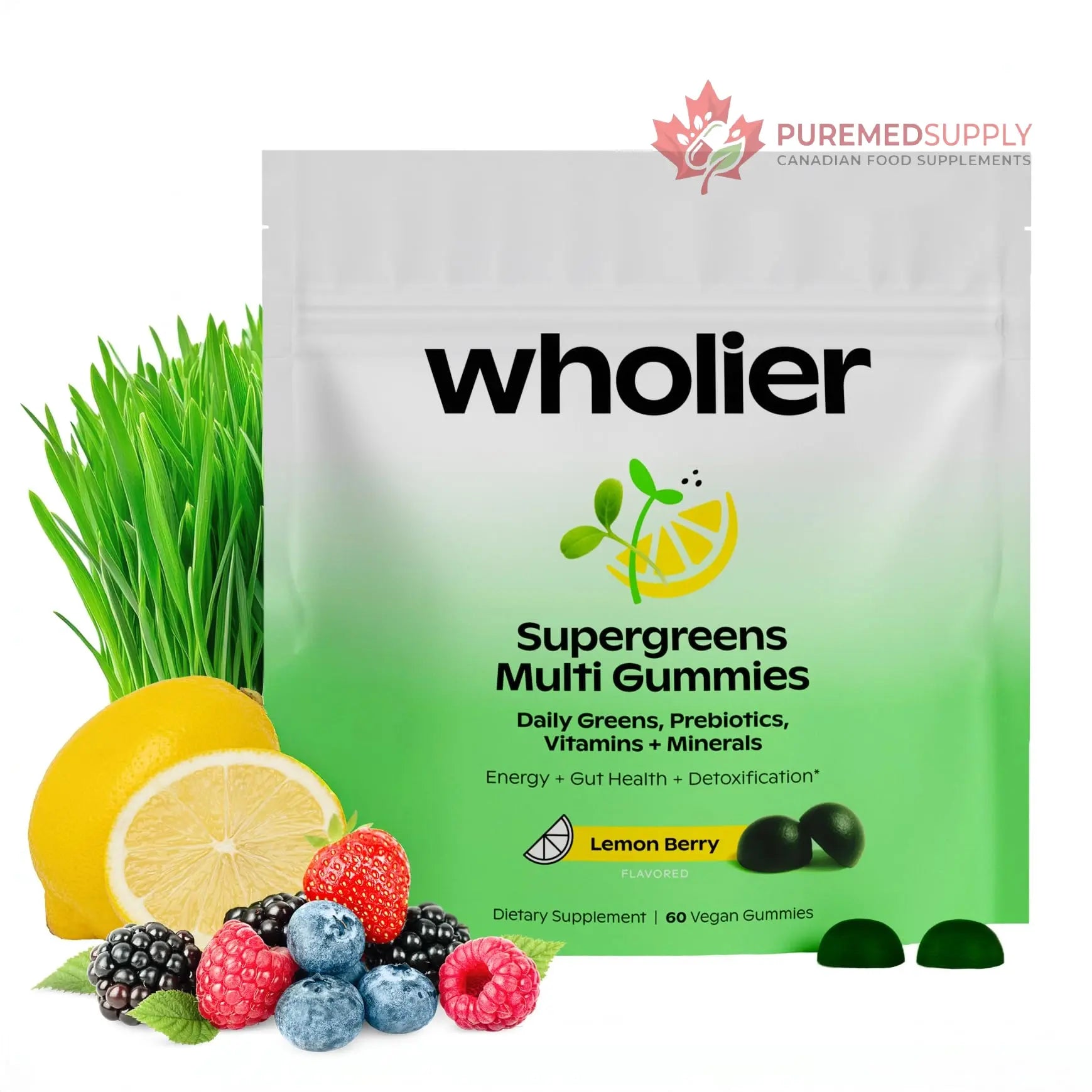 wholier Daily Supergreens Gummies, Greens Supplement with Prebiotics, Fiber, Adaptogens, Vegan Multivitamin, 9 Essential Vitamins + Minerals, 1g Sugar, 2 Gummy Serving (60 Gummies, 30 Day Supply) wholier buy supplements canada