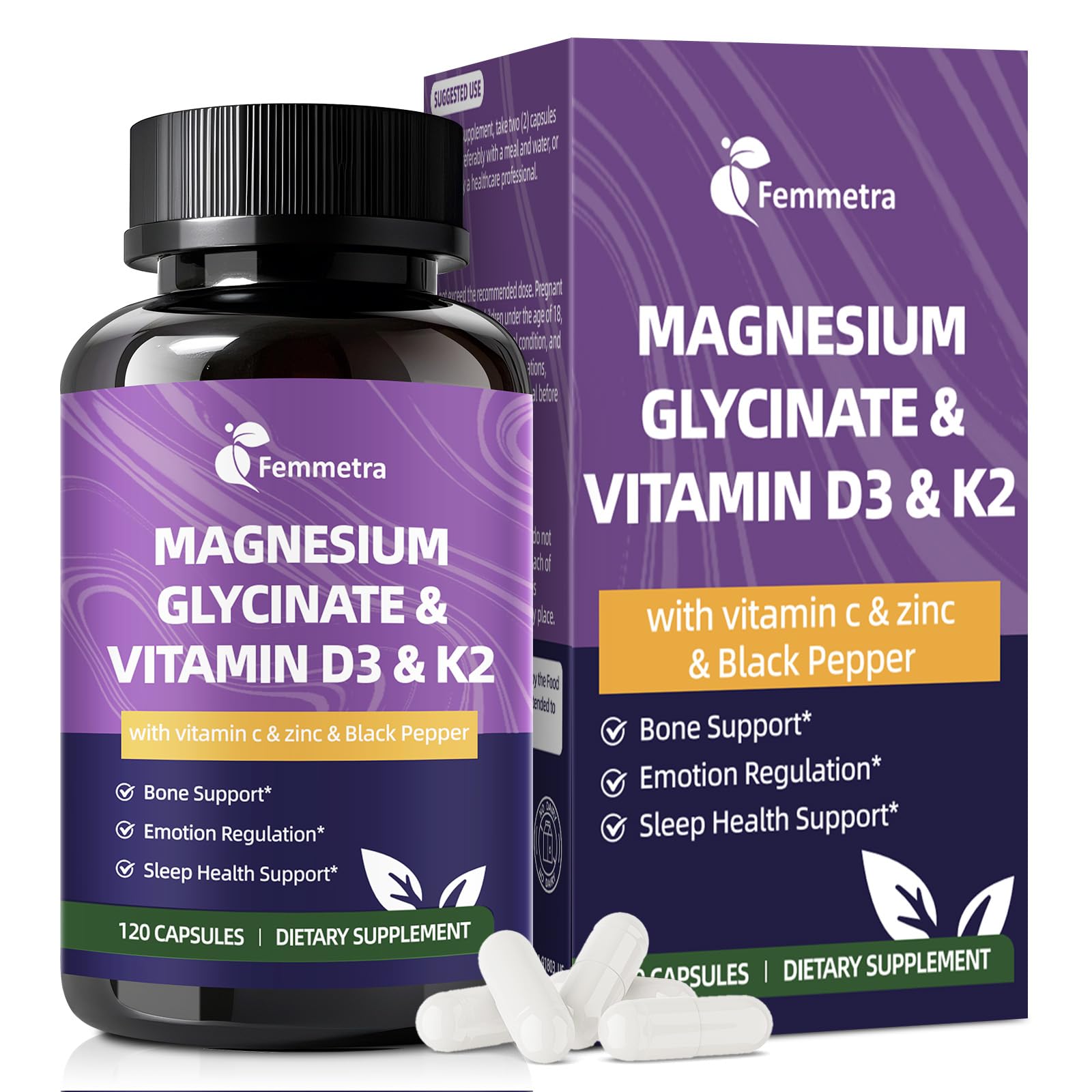 Magnesium Glycinate 600mg Vitamin D3 K2 Supplement with Vitamin C, Zinc, & Aloe Vera - Bone Support, Energy & Mood Manage & Sleep Health for Men & Women, Non-GMO, Vegan, 120 Capsules Femmetra buy supplements canada