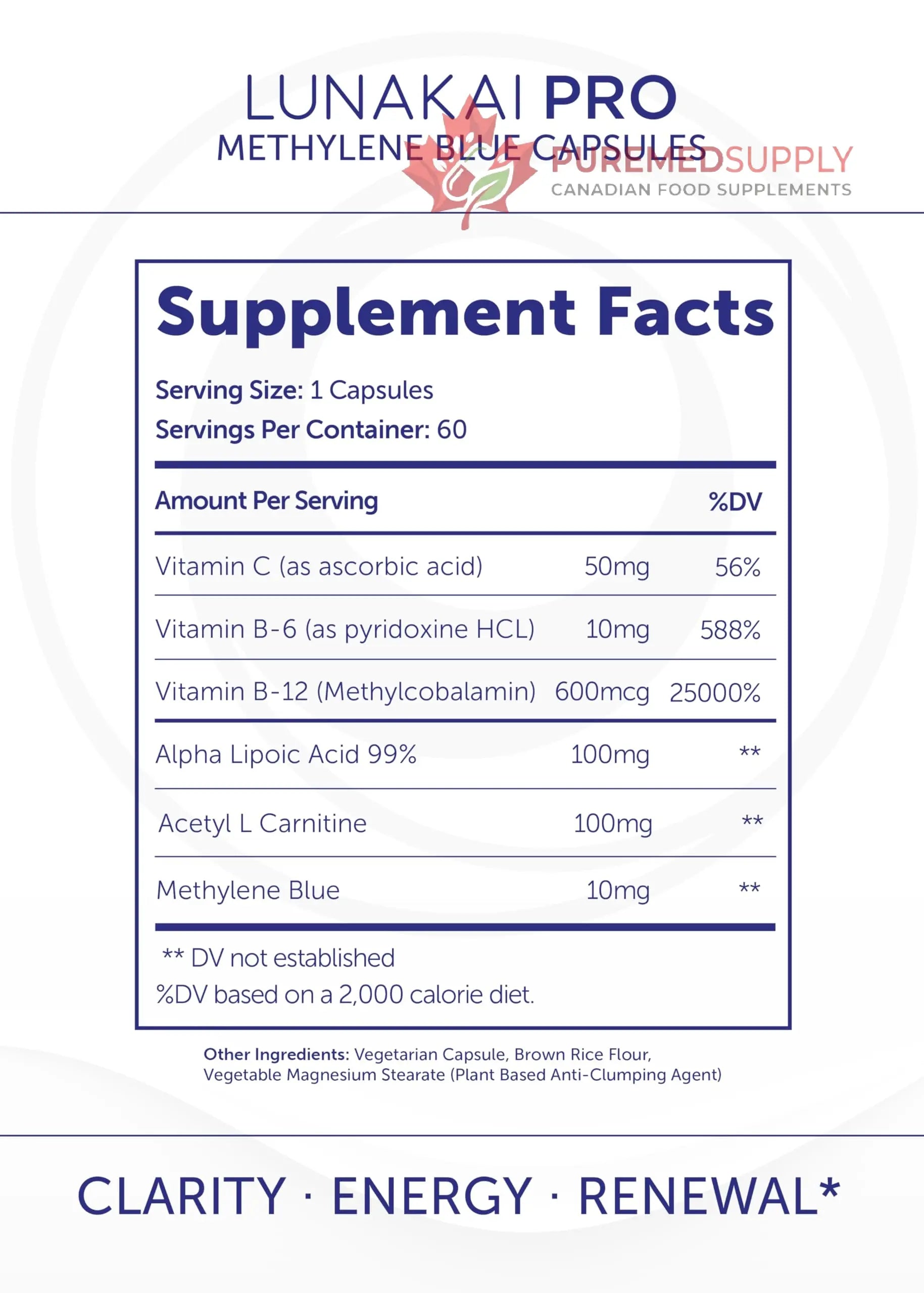 Lunakai PRO USA Made Methylene Blue Capsules Pharmaceutical Grade with Vitamin C, B6, B12 – 3rd-Party Tested Daily Brain & Focus Support Supplement for Humans, 60ct Lunakai buy supplements canada
