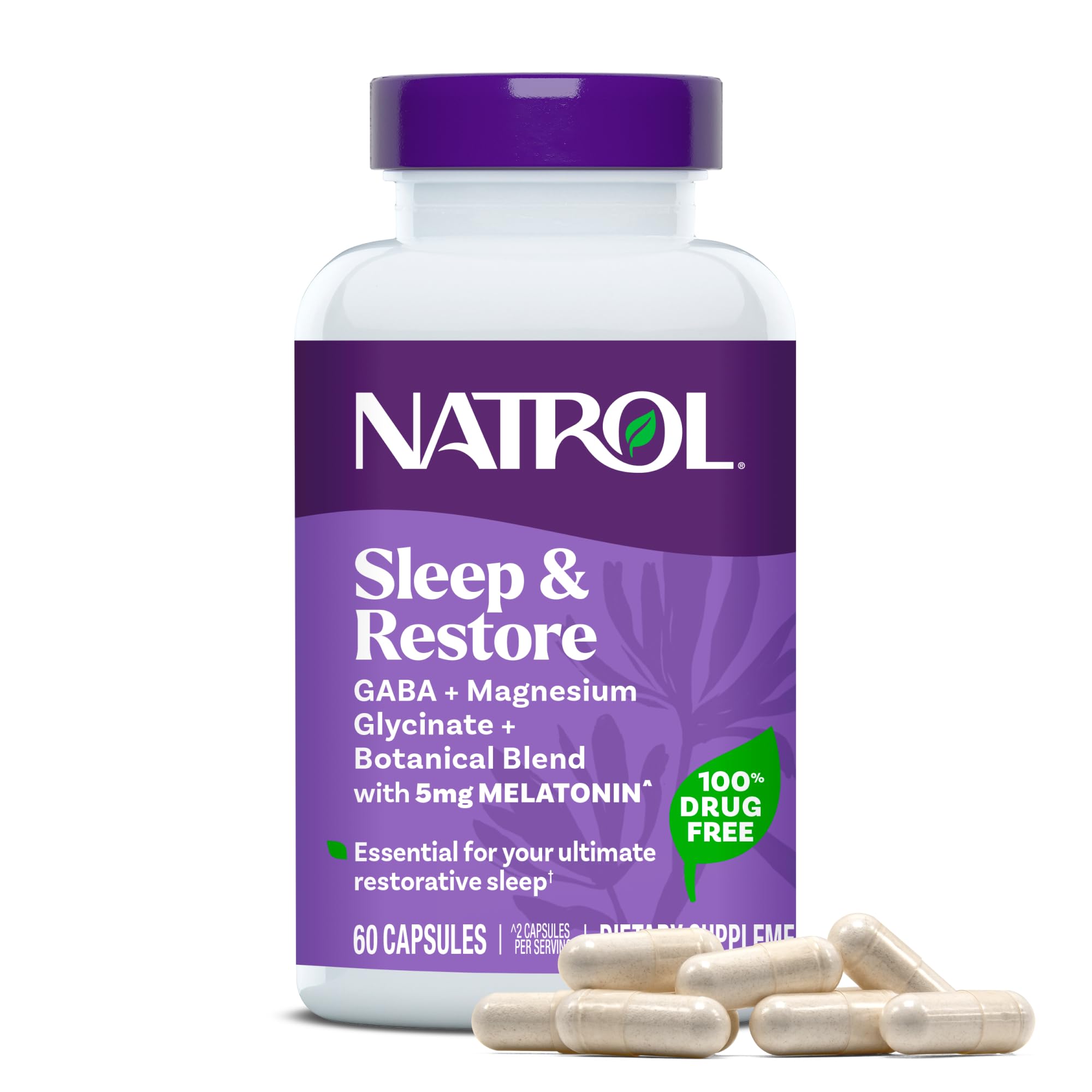 Natrol Sleep & Restore Capsules - Calm Magnesium Glycinate, Magnesium Sleep Aid with GABA, Melatonin 5mg, Botanical Blend, 30 Day Supply Natrol buy supplements canada