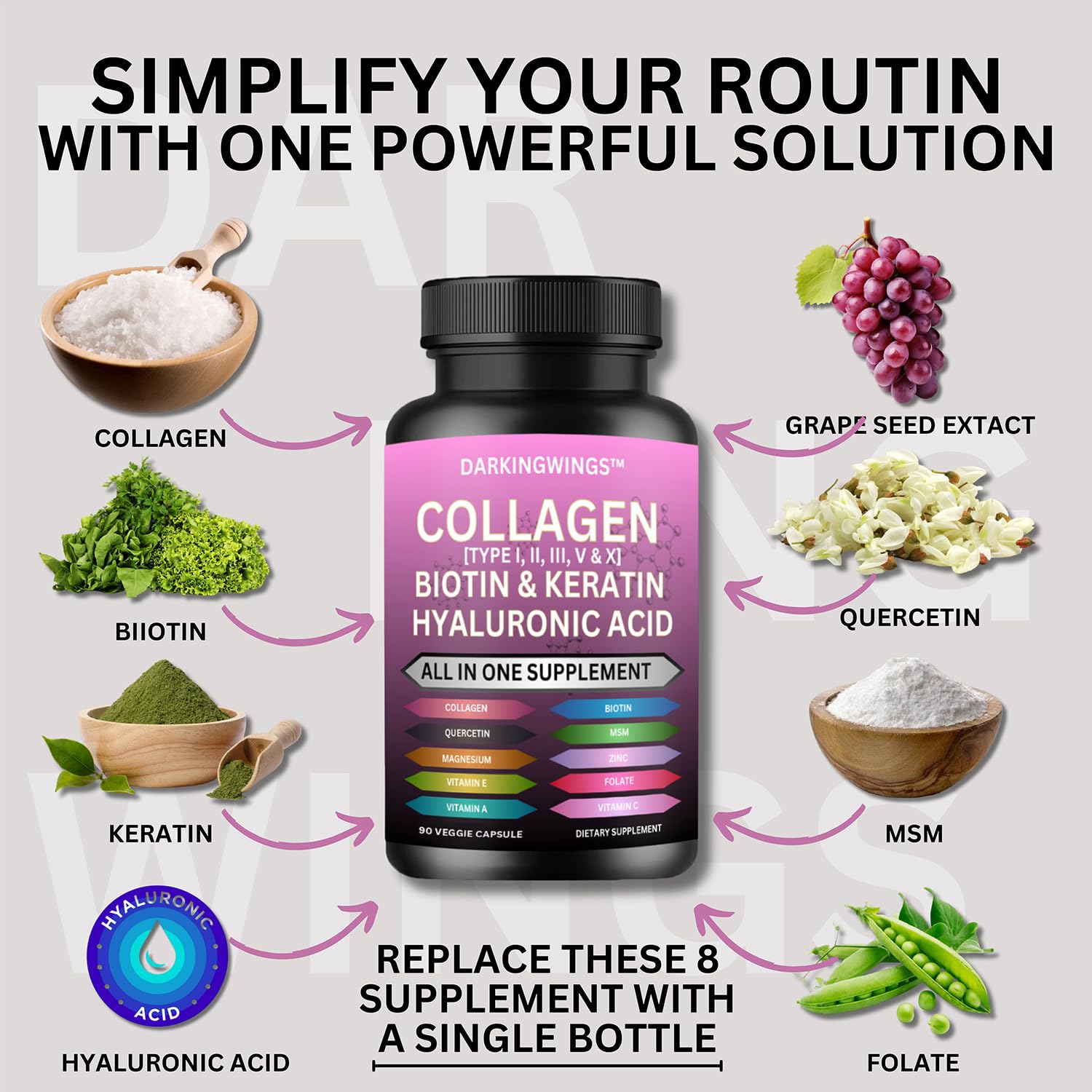 Multi Collagen Pills Peptides Types I, II, III, V & X MCG Biotin Keratin Hyaluronic Acid MSM Vitamin C Zinc Magnesium with Grape Seed Extract, Quercetin - Hair Skin and Nails Vitamins Capsule Darkingwings buy supplements canada