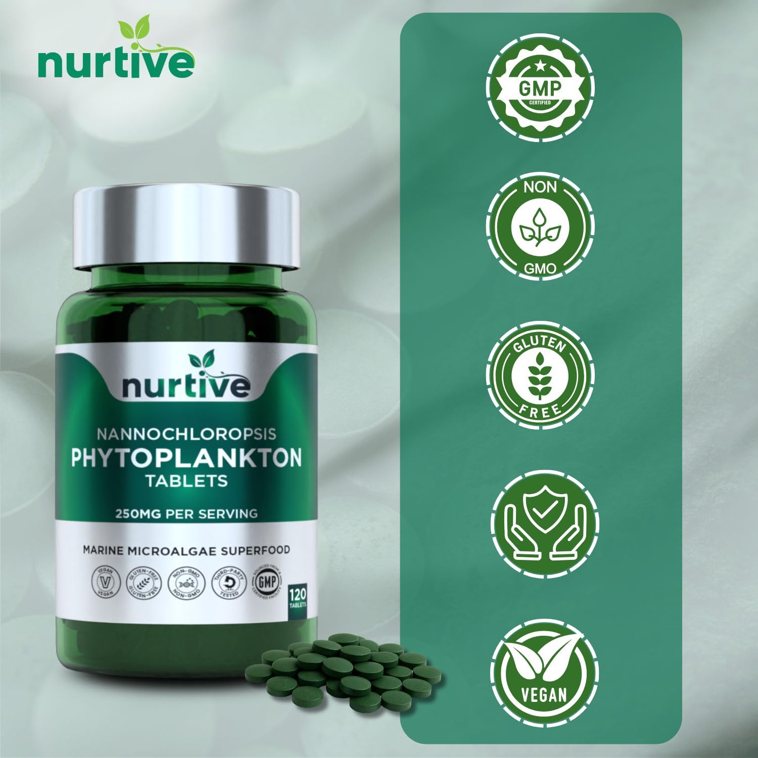 NURTIVE Nannochloropsis Phytoplankton Tablets – 250mg per Serving – Vegan, Gluten-Free, Non-GMO, No Fillers – Third-Party Tested, GMP Certified – 2 Tablets/Day for 2 Month, 120 Tablets/Bottle NURTIVE buy supplements canada