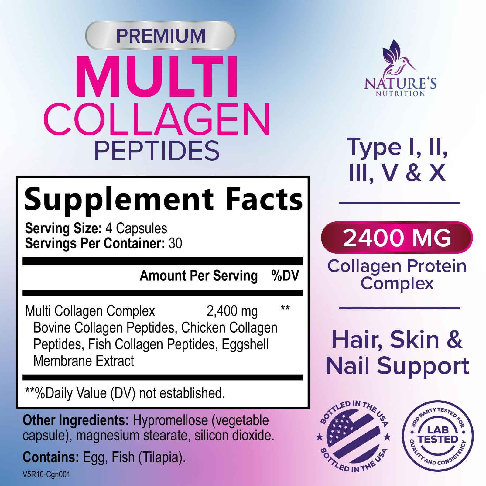 Multi Collagen Pills 2400 mg - Advanced Types I, II, III, V, X - Hydrolyzed Multi Collagen Peptides Pills, Collagen Supplements for Women & Men - Hair, Skin, & Nail Support Supplement - 120 Capsules Nature's Nutrition buy supplements canada