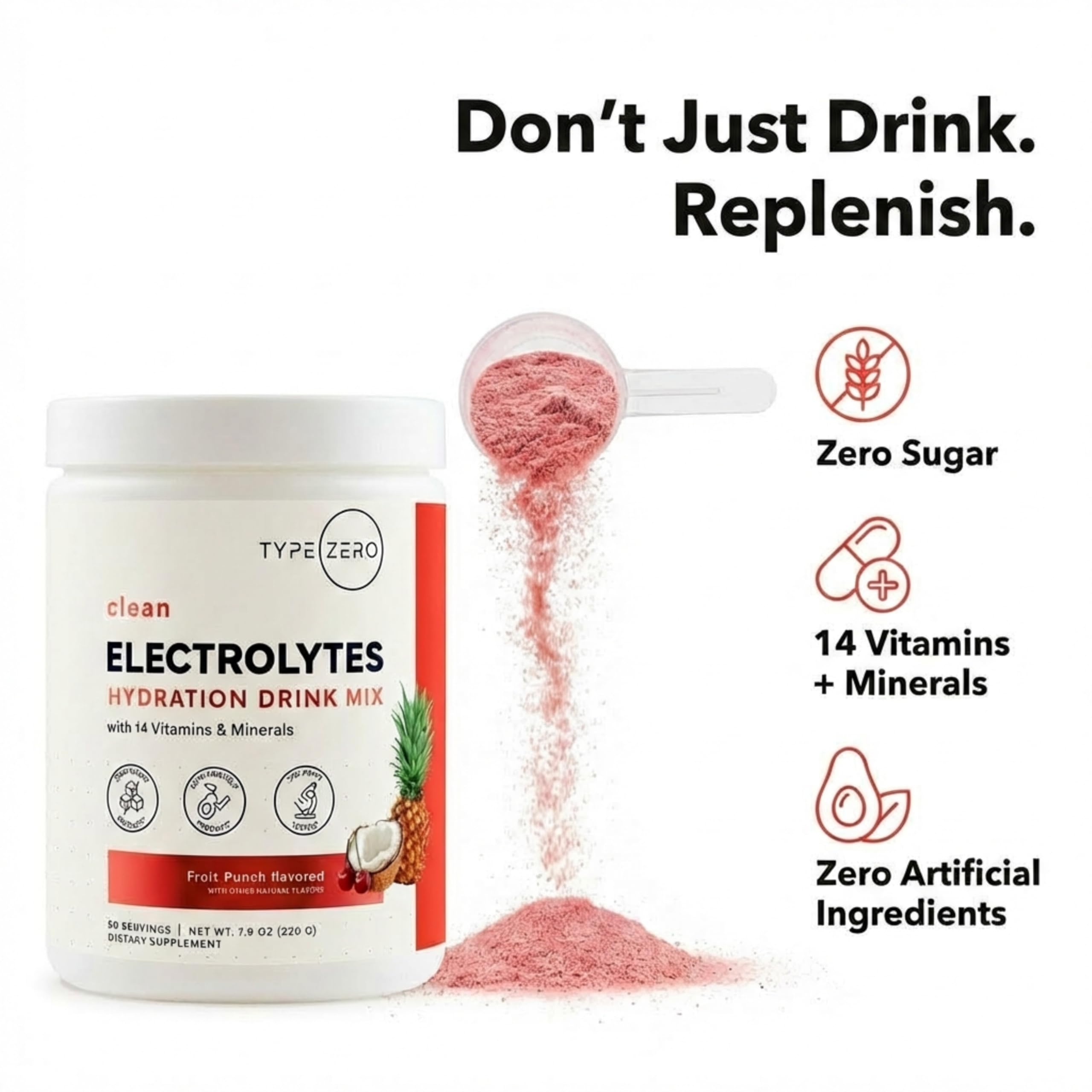 Type Zero Clean Electrolytes Hydration Powder Drink Mix + 14 Essential Vitamins & Minerals - Sugar Free, Zero Artificial Ingredients - Fruit Punch, 50 Servings Type Zero buy supplements canada