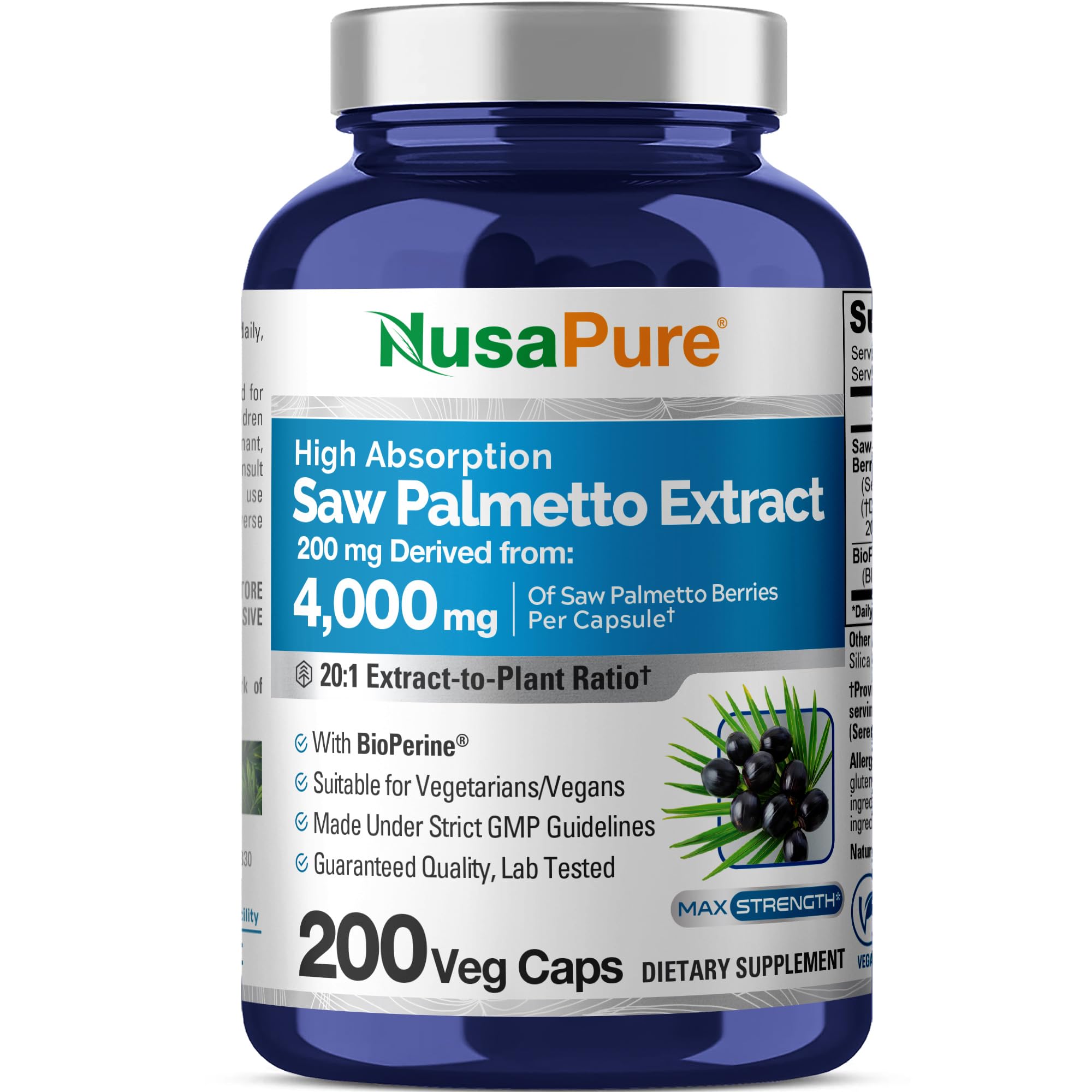NusaPure Saw Palmetto 20:1 Extract, 200 mg Equivalent to 4,000 mg per Veggie Caps 200 Count Non-GMO, Vegan, Vegetarian, Bioperine NusaPure buy supplements canada