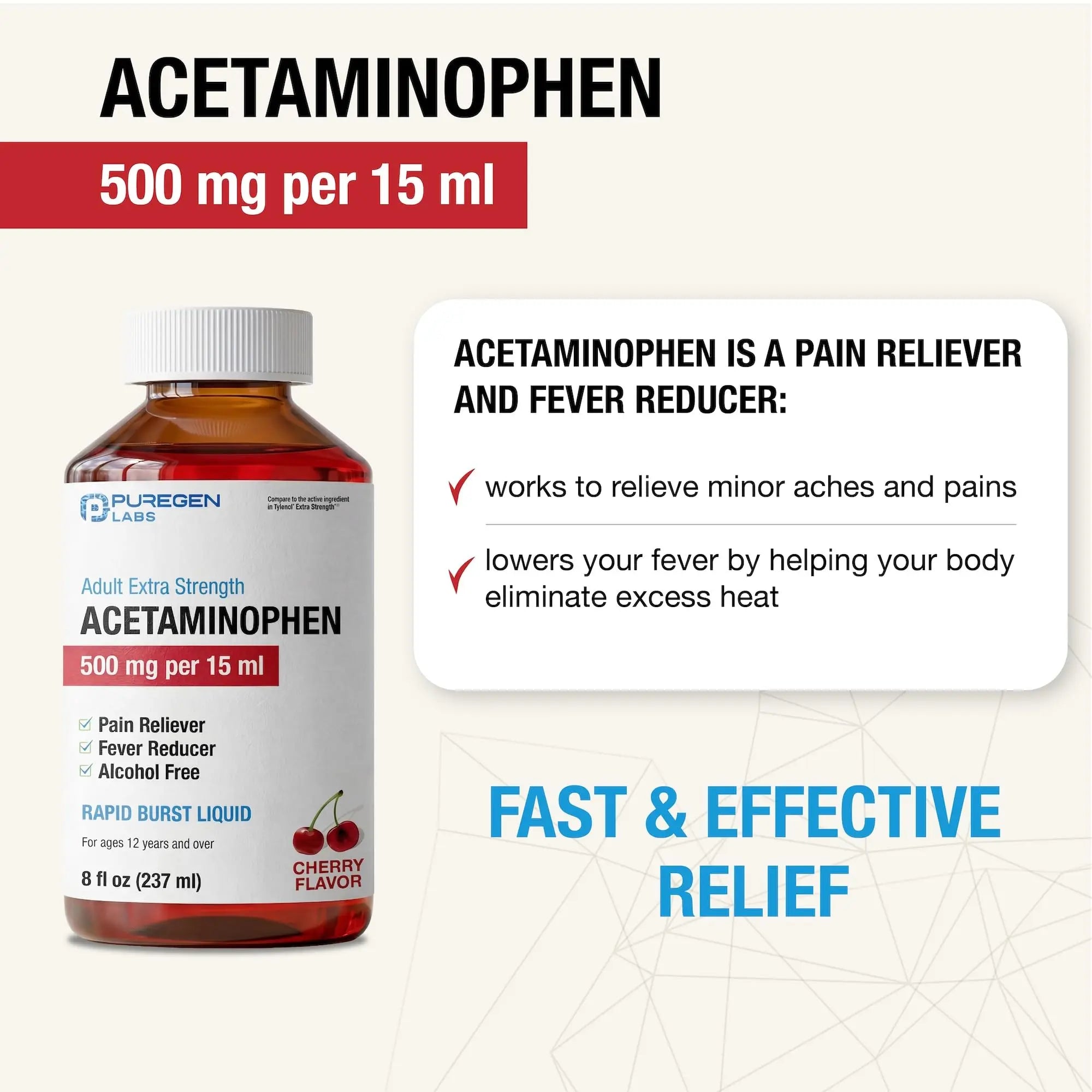 Puregen Labs Adult Extra Strength Acetaminophen Liquid 500mg/15ml - 8 fl oz Rapid Burst Pain Reliever/Fever Reducer, Cherry Flavor | Muscle & Joint Pain Relief | Arthritis Pain Relief P Puregen Labs buy supplements canada
