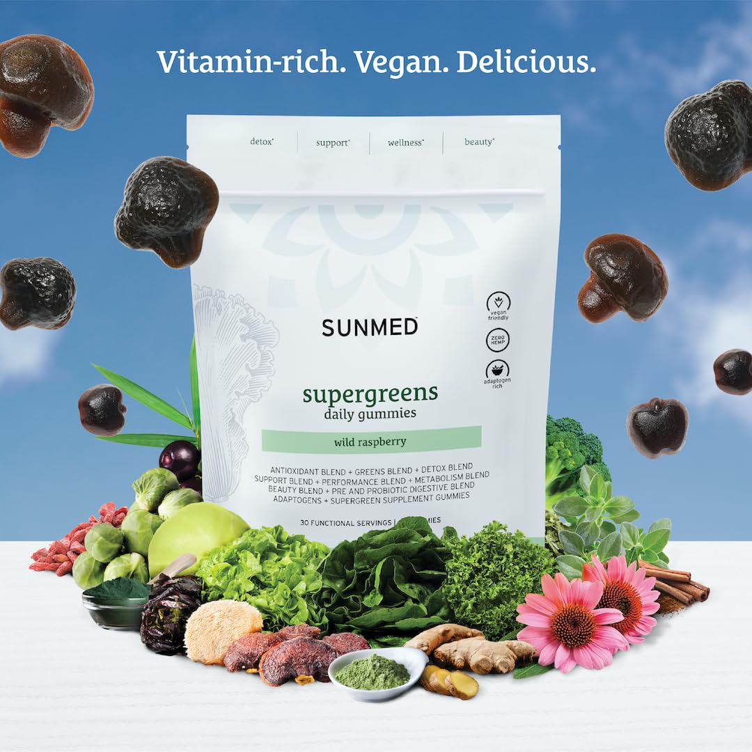 SUNMED Supergreens Daily Gummies – Wellness Blend with Ashwagandha, Green Tea, Spirulina, Probiotics, Antioxidants & Detox Support for Immunity, Gut, Skin & Brain Health | Wild Raspberry, 60ct SUNMED buy supplements canada