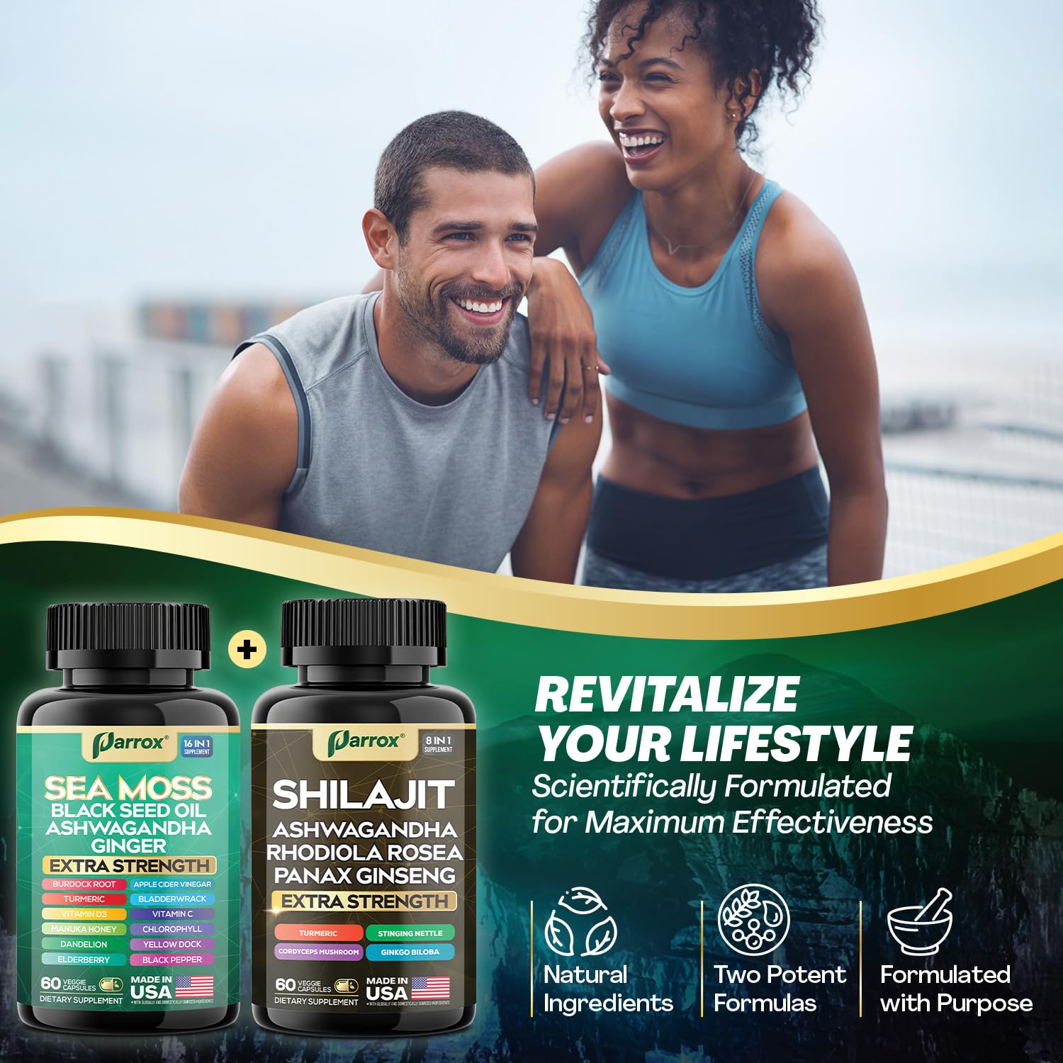 Parrox Shilajit and Sea Moss Bundle, Sea Moss 350mg, Black Seed Oil 200mg, Ashwagandha 100mg, Turmeric, Shilajit 300mg, Rhodiola Rosea 100mg, Panax Ginseng 50mg, Dynamic Vitality Bundle (2 Pack) Parrox buy supplements canada