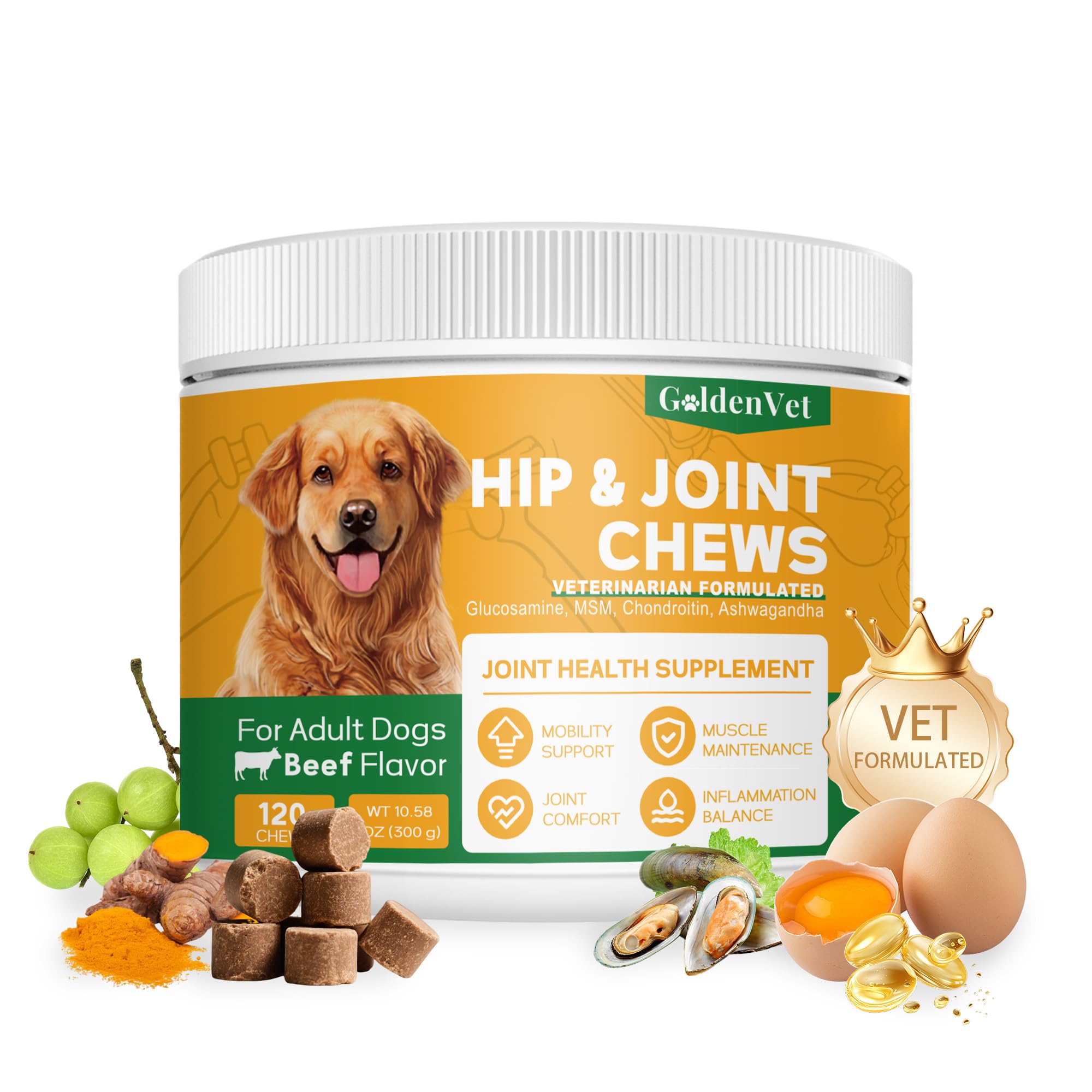 Hip and Joint Chews for Senior Dogs with Glucosamine HCL, Chondroitin, Green-lipped Mussel, Ashwagandha for Anti Inflammatory, Mobility Support, Muscle Maintenance, Joint Comfort 120 Ct GOLDENVET buy supplements canada