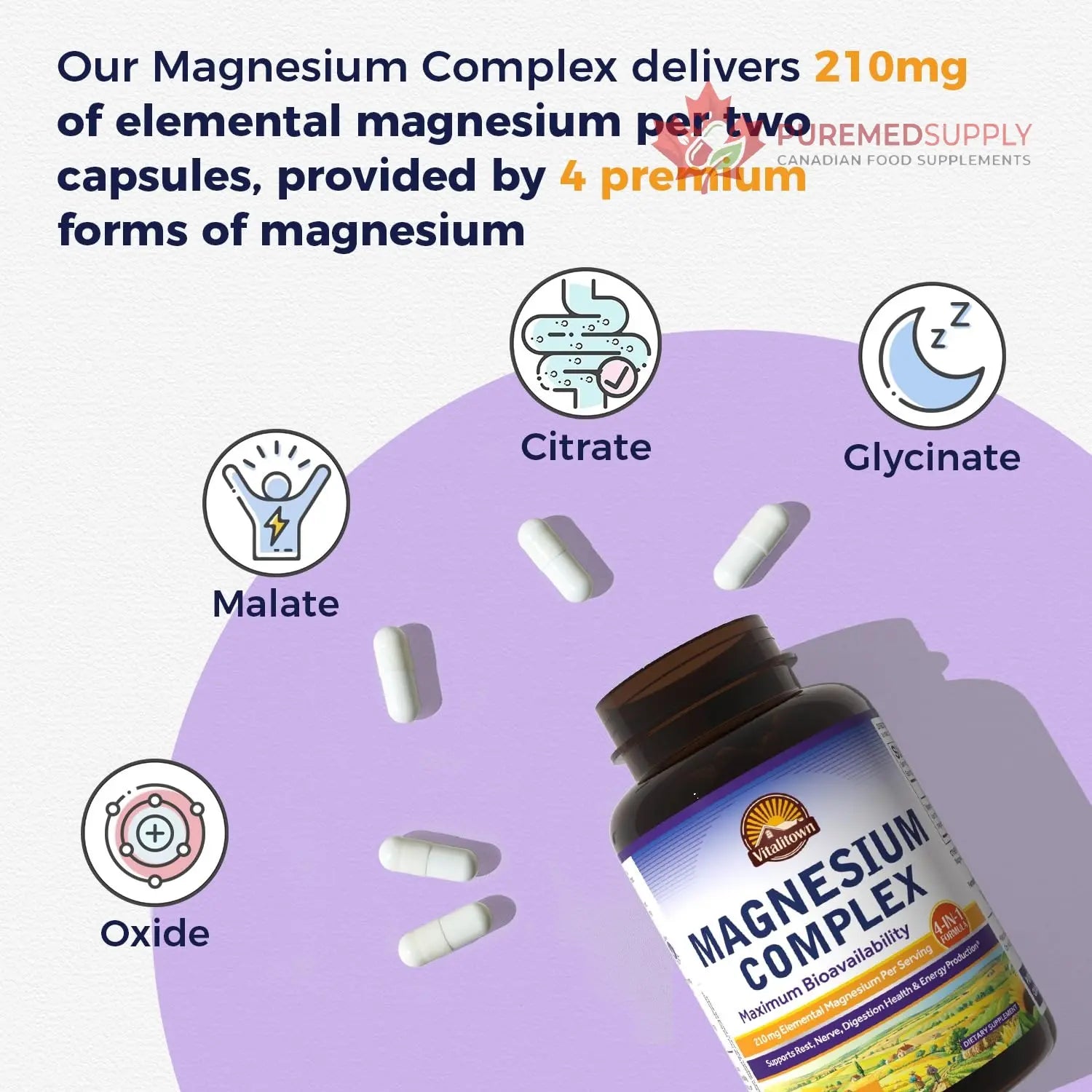 Vitalitown Magnesium Complex | Chelated Easily Absorbed Magnesium Glycinate Citrate Malate | Buffered | 210mg Elemental Mag | Sleep, Nerve, Digestion, Energy | Non-GMO 240 Veg Caps Vitalitown buy supplements canada