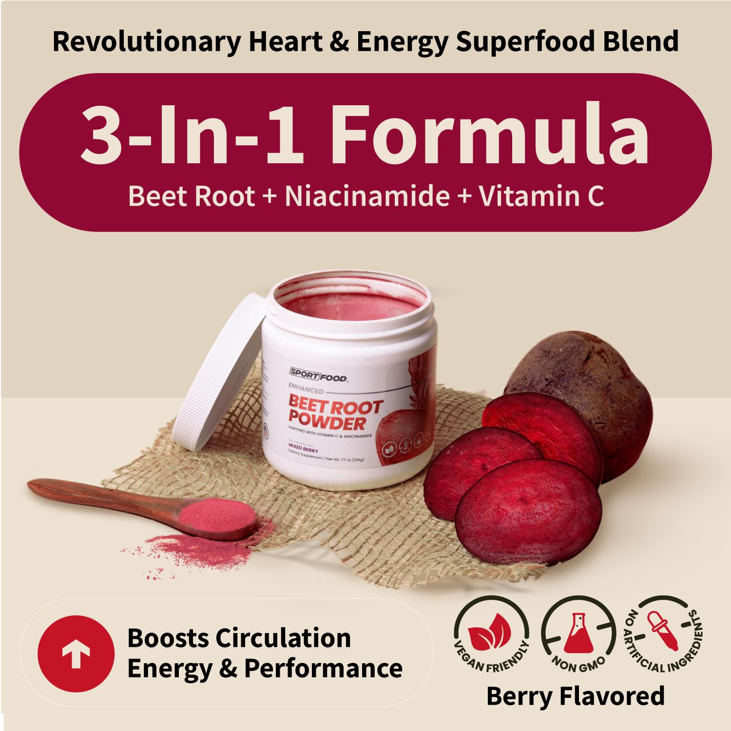SPORTFOOD Beet Root Powder with Niacinamide & Vitamin C - Superfood for Circulation, Energy, & Stamina | Vegan, Non-GMO, Nitric Oxide Boost for Pre-Workout & Heart Health | Mixed Berry Flavor | 7.7oz Sport Food buy supplements canada