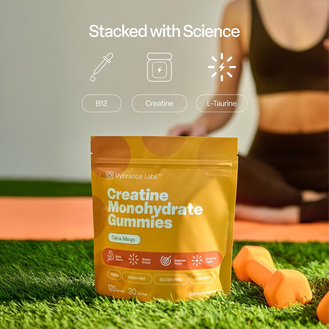 VYBRANCE LABS Creapure Creatine Gummies 5g + Taurine & B12 - Sugar-Free, Vegan, Gluten-Free - Citrus Mango - 120 Count (30 Servings) for Strength, Energy & Focus VYBRANCE LABS buy supplements canada