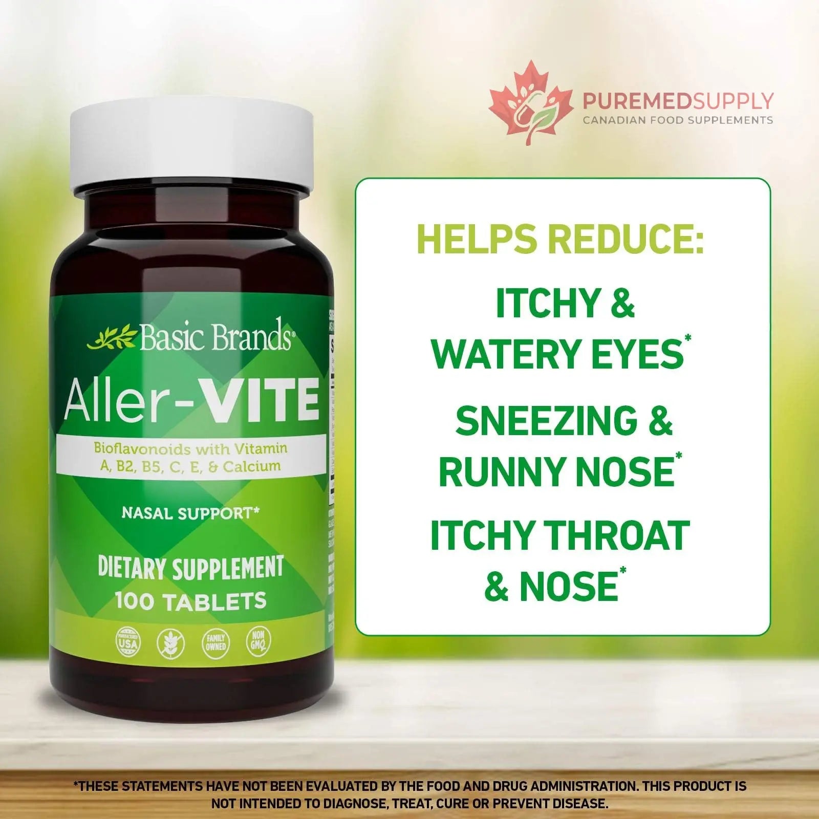 Basic Brands Aller Vite Nasal Support Tablets for Seasonal Allergy Relief, High Bioflavonoid Complex with Vitamins and Calcium, Gluten Free Daily Supplement, 100 Tablets Basic Brands buy supplements canada