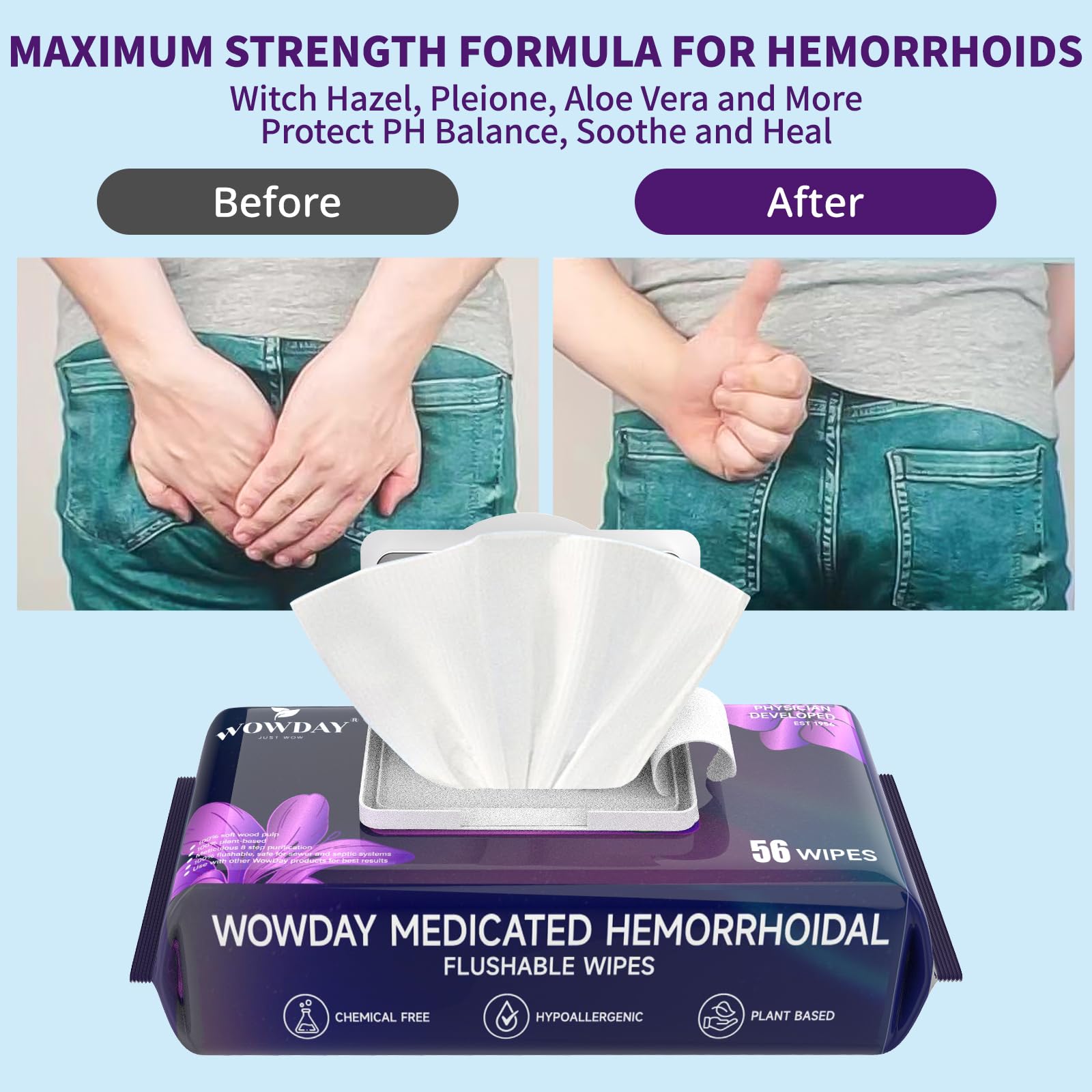Wowday Flushable Hemorrhoid Wipes | Maximum Strength Witch Hazel Wipes | 56 Count Fragrance Free Adult Hemorrhoids Medicated Witch Hazels Wipe for Butt Hemorrhoidal Itch WowDay buy supplements canada