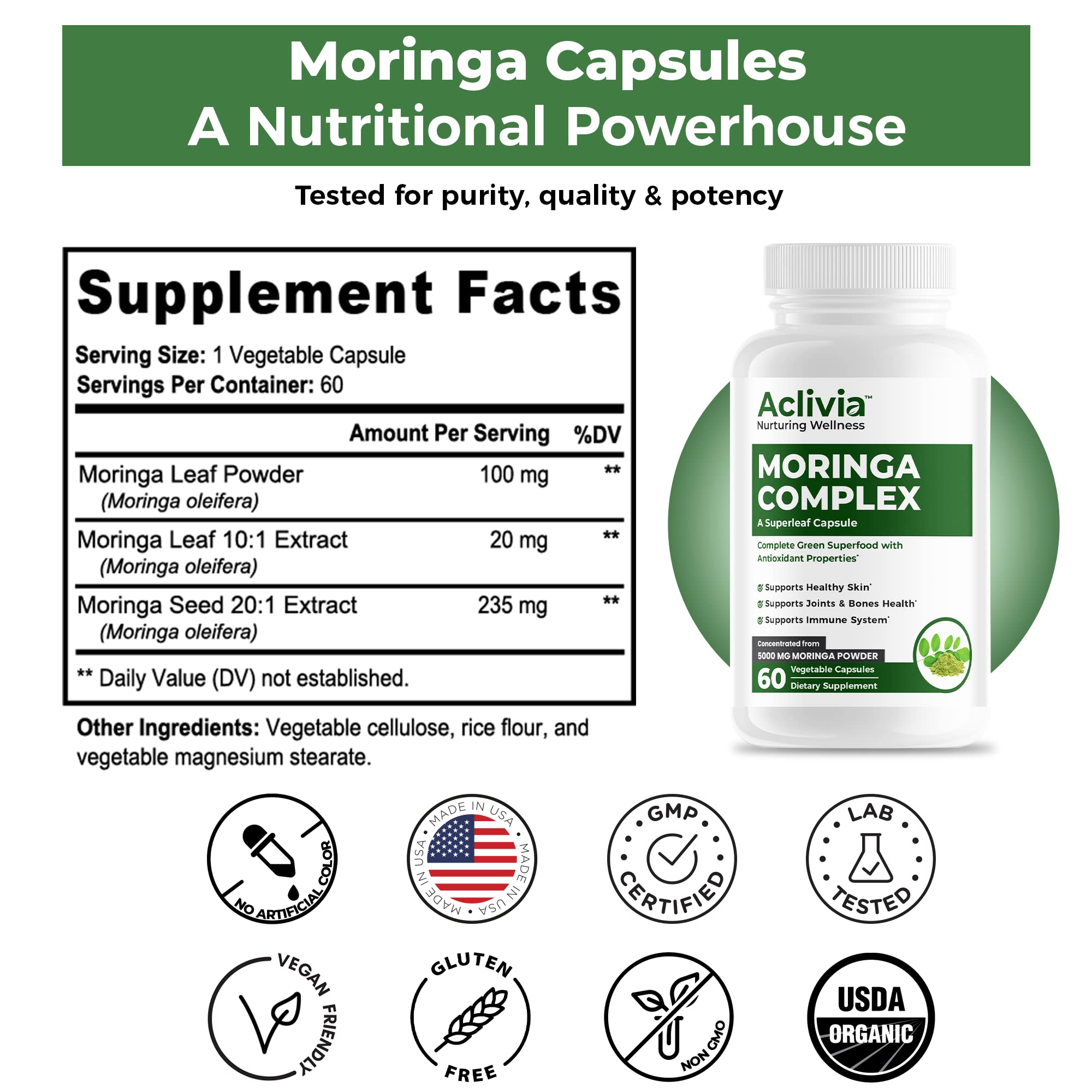 Aclivia - Moringa Complex - Maximum Strength Moringa Oleifera Leaf & Seed Supplement - Superfood Capsules with Antioxidant Properties - 5000mg - 60 Capsules Aclivia buy supplements canada