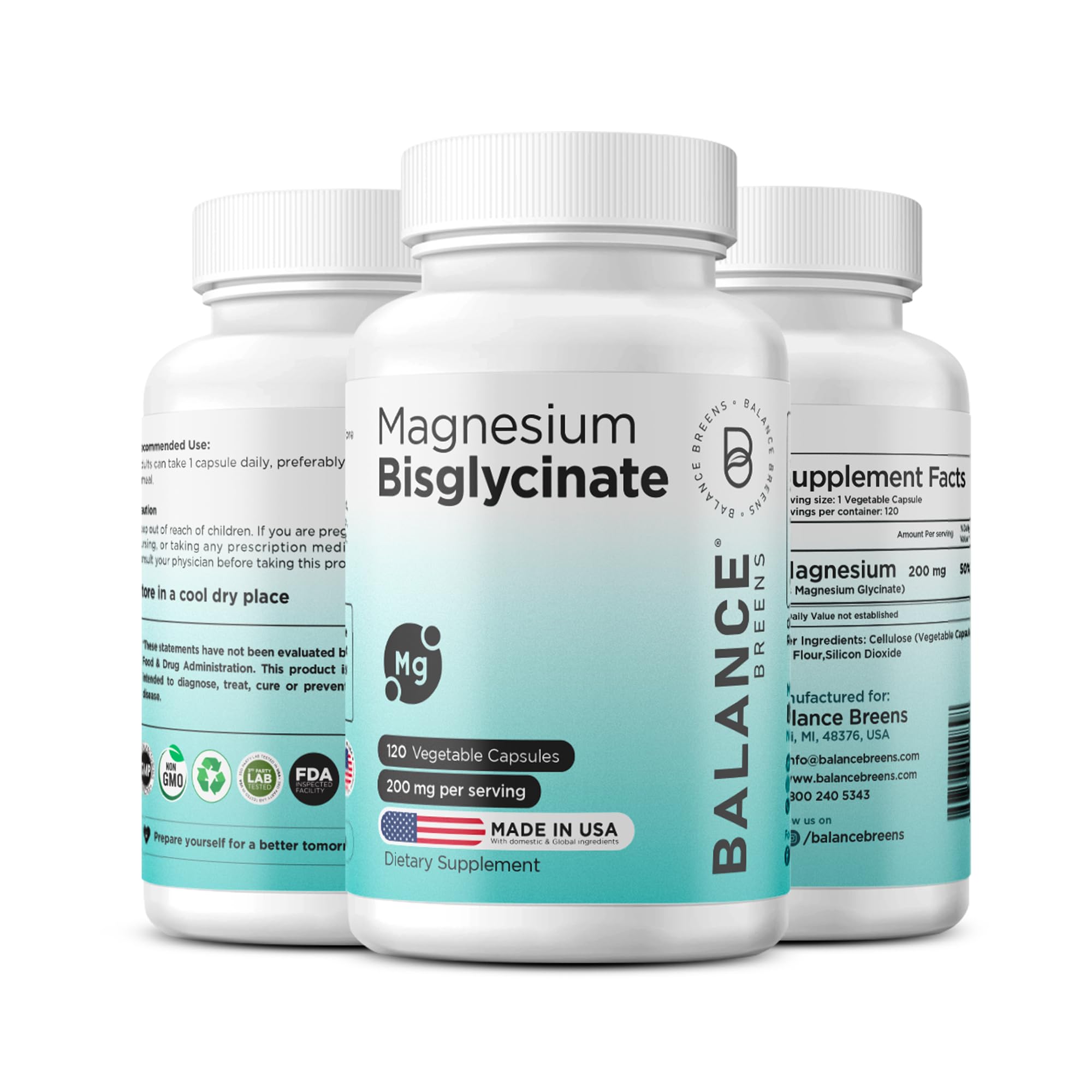 Magnesium Bisglycinate 200mg - High Absorption Chelated Magnesium Supplement - Gentle on Stomach, Non-GMO, Gluten-Free, Supports Sleep, Muscle Cramps & Positive Mood - 120 Vegan Capsules Balancebreens buy supplements canada